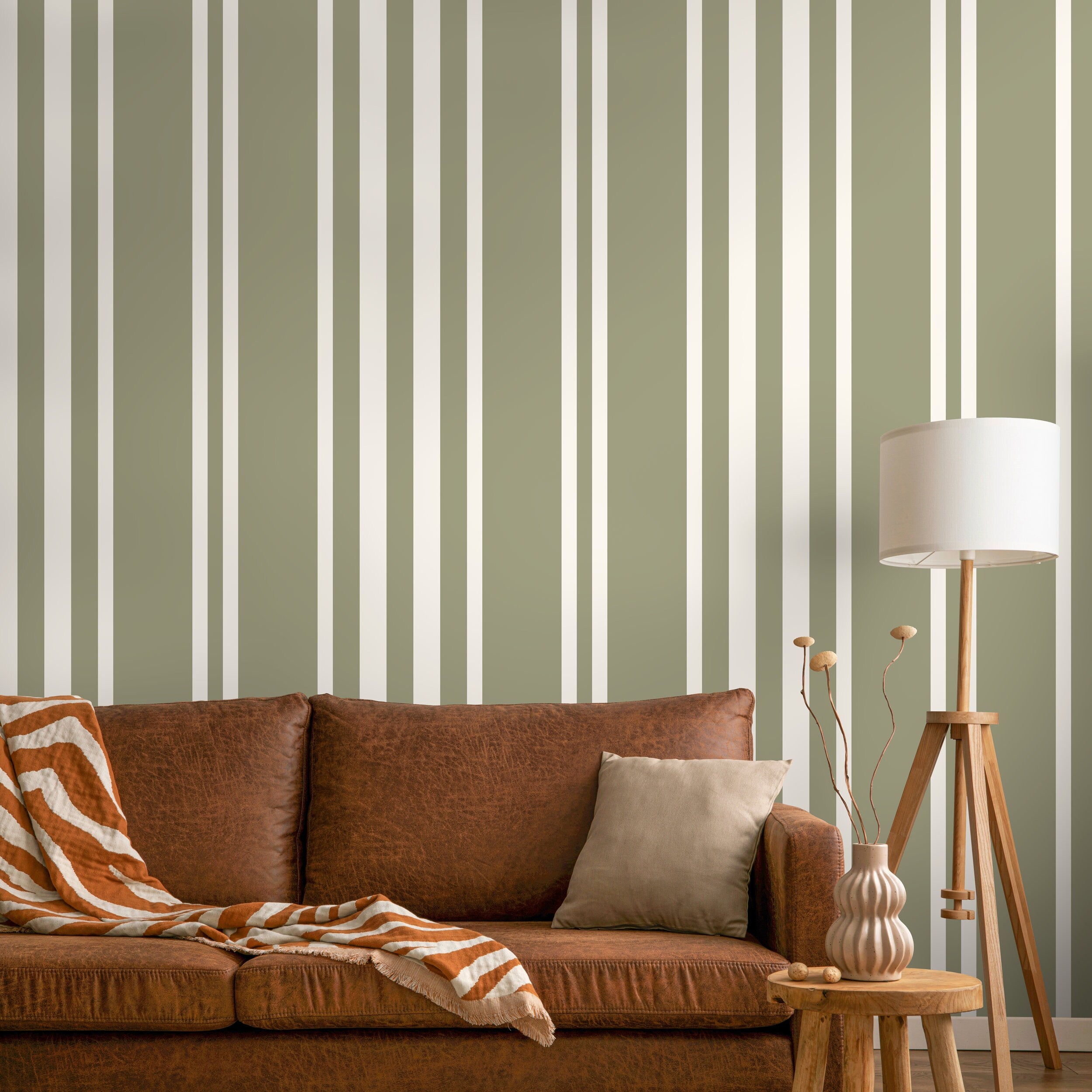 Striped Wallpaper With Vertical Lines In Sage Green And Off-white - D788