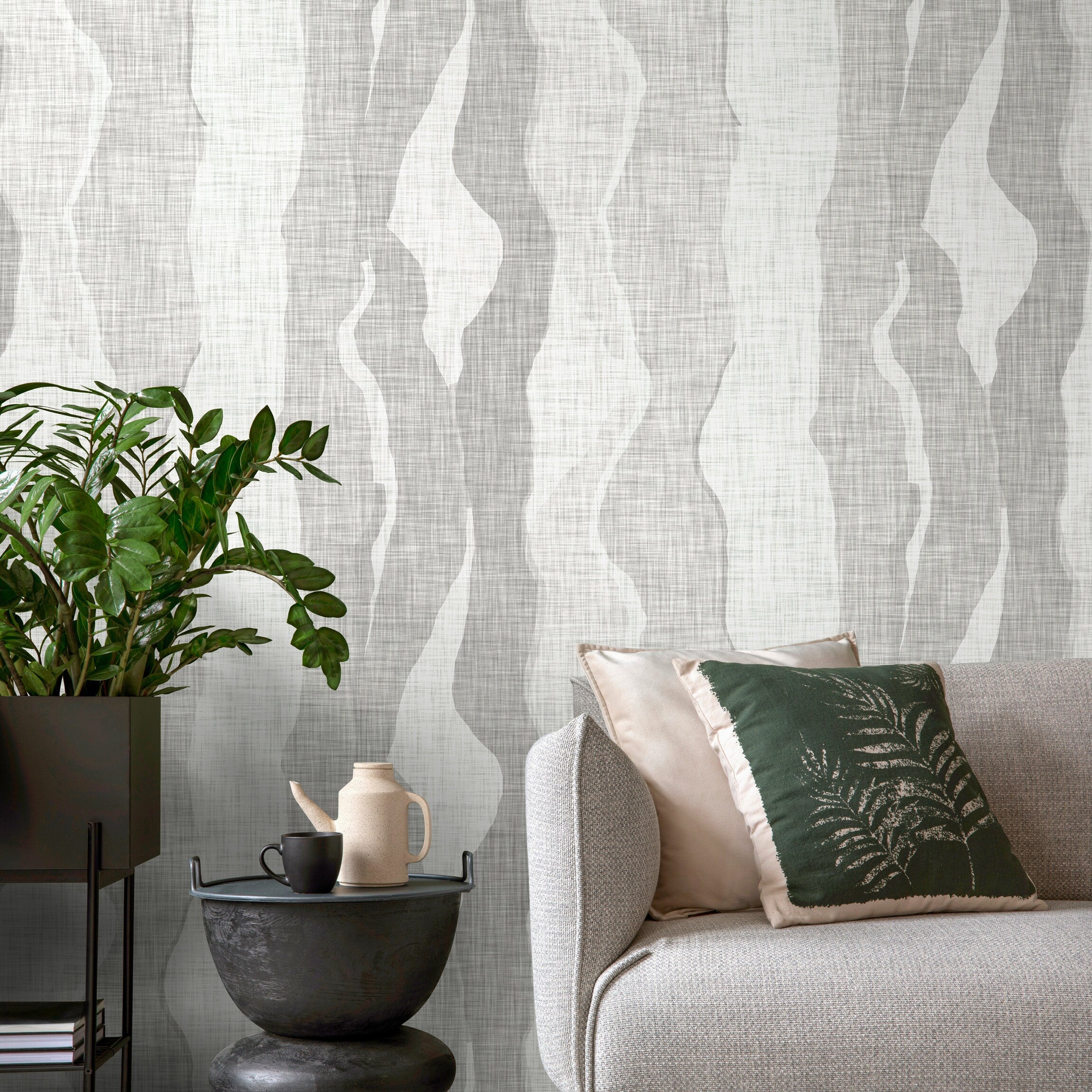 Abstract Wallpaper With Flowing Wave Shapes In Shades Of Gray - D797