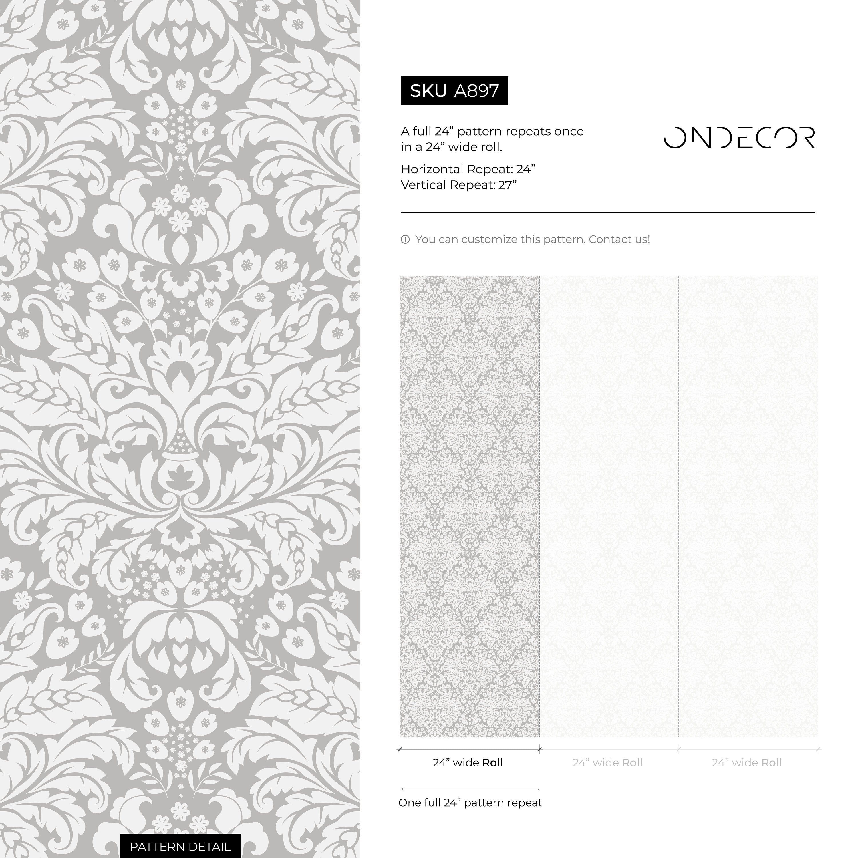 Vintage Damask Wallpaper With An Intricate Floral Motif In Gray And White - A897
