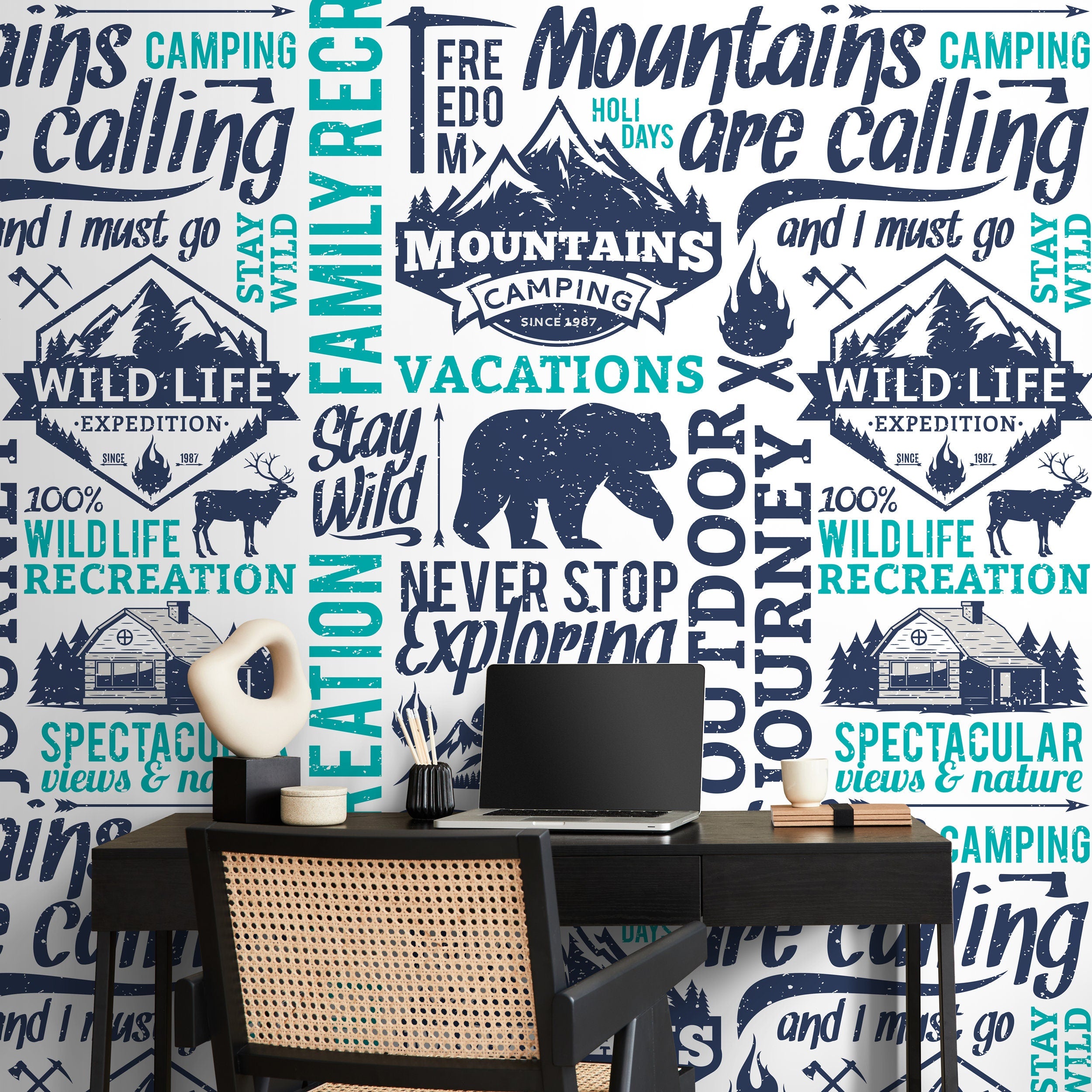 Modern Typography Wallpaper With A Rustic Outdoor Theme In Navy Blue And Teal - D938