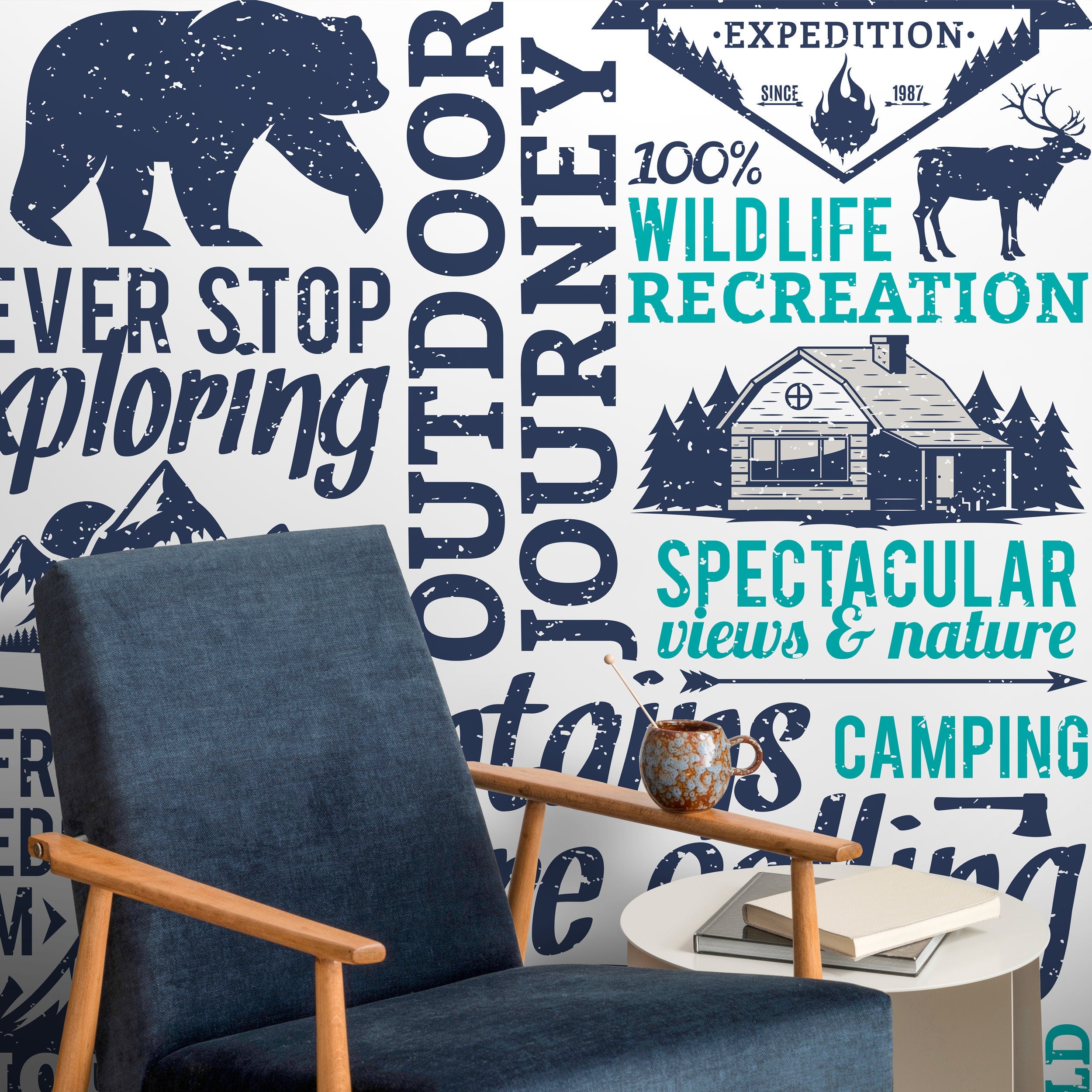 Modern Typography Wallpaper With A Rustic Outdoor Theme In Navy Blue And Teal - D938