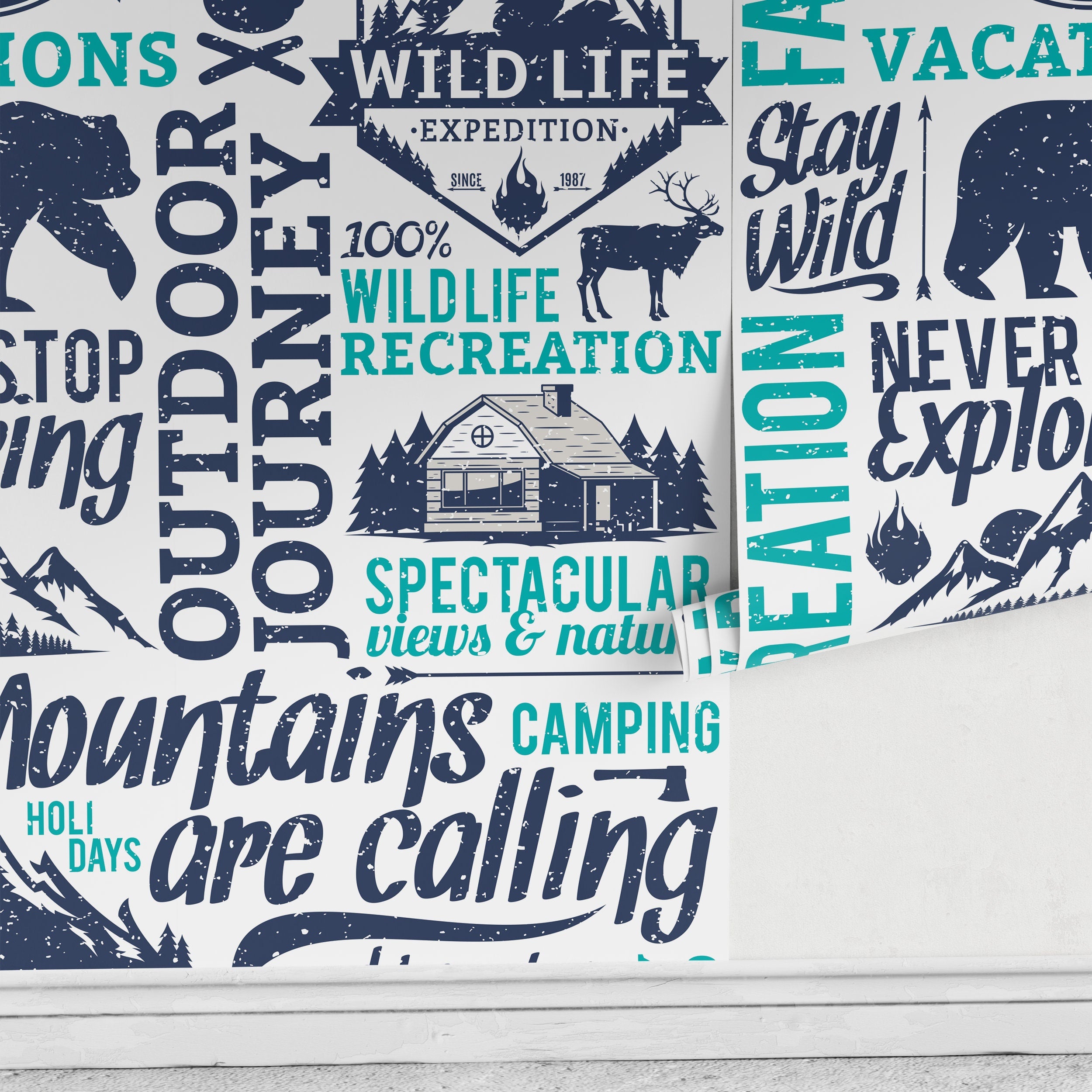Modern Typography Wallpaper With A Rustic Outdoor Theme In Navy Blue And Teal - D938