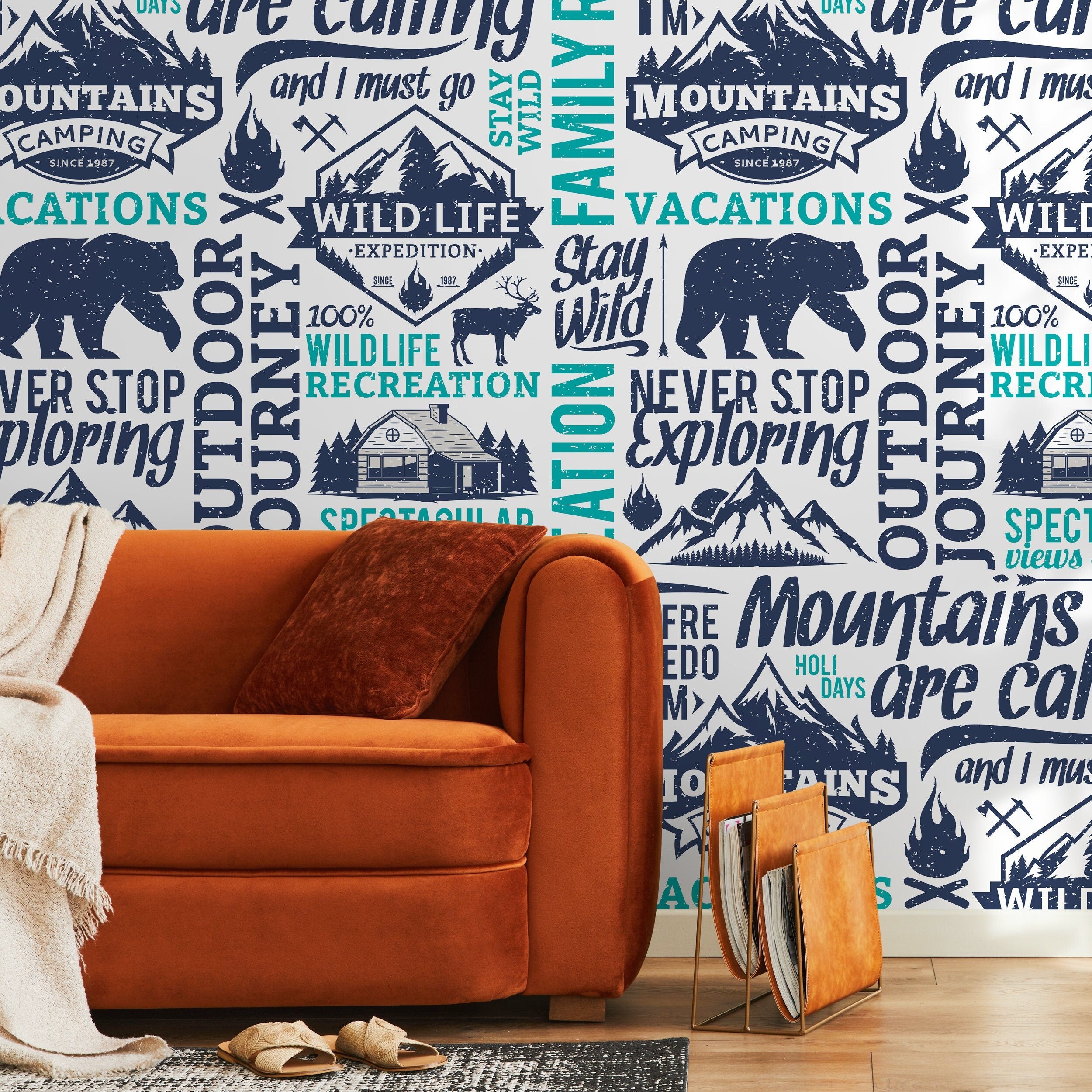 Modern Typography Wallpaper With A Rustic Outdoor Theme In Navy Blue And Teal - D938
