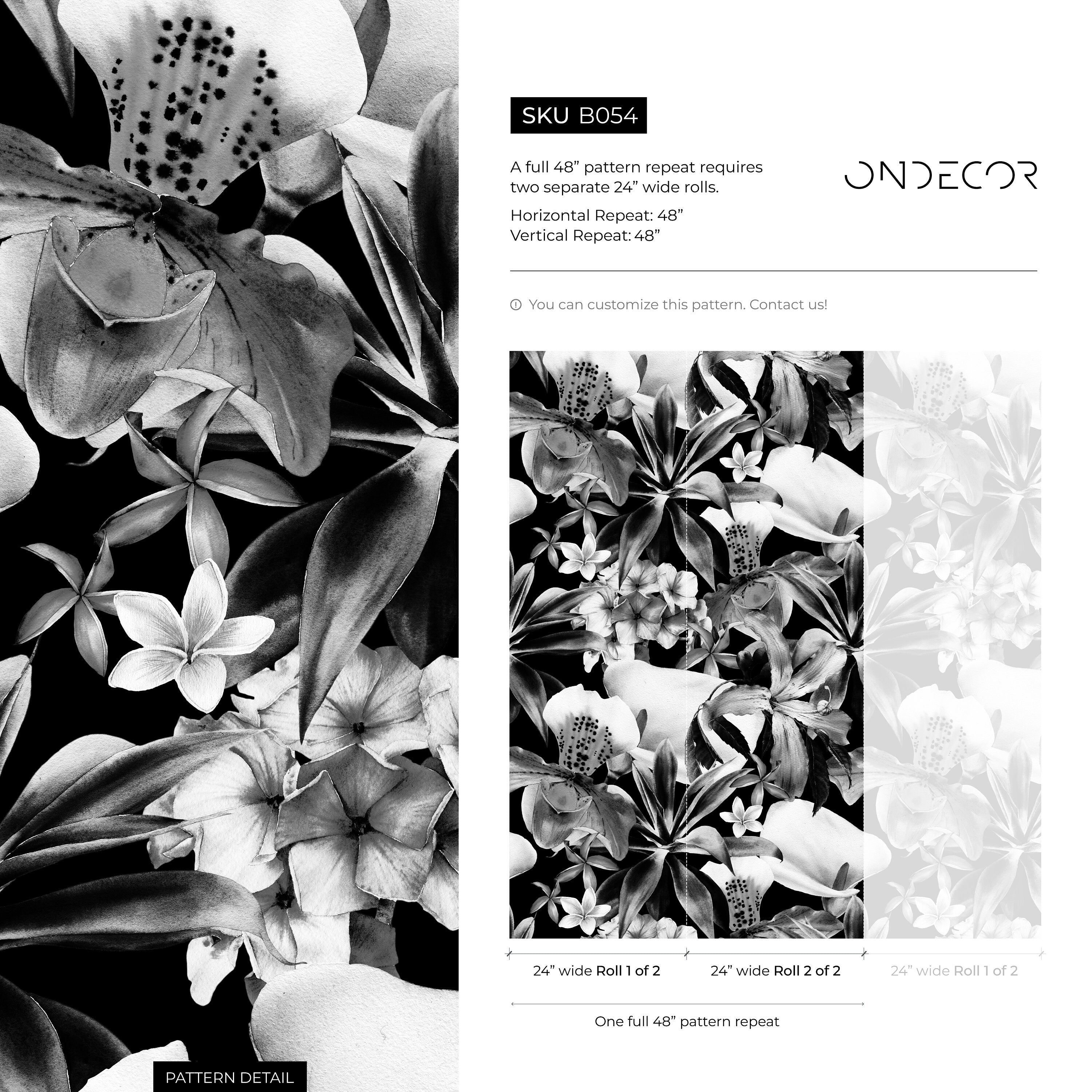 Botanical Wallpaper Featuring Tropical Flowers In Black And White - B054