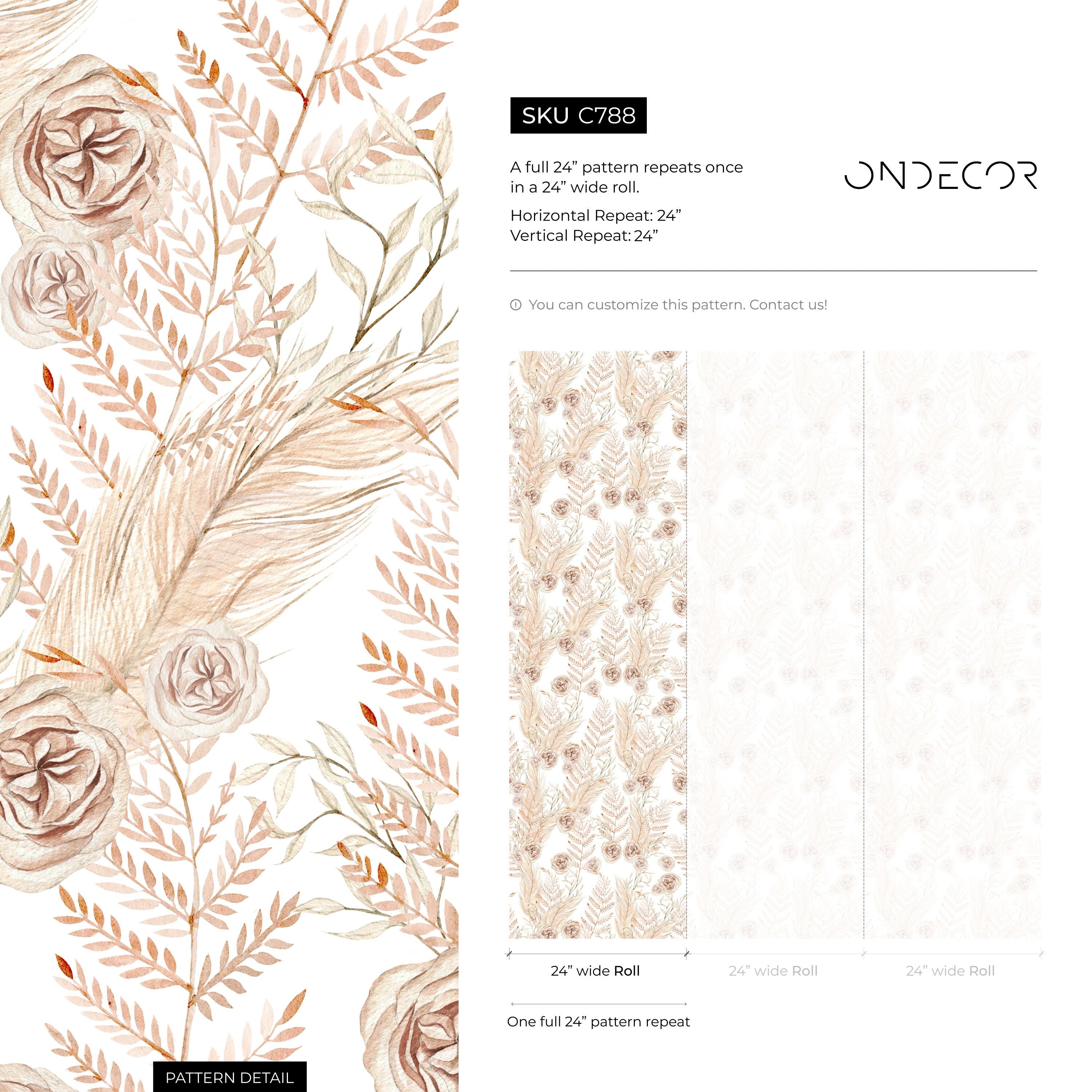 Boho Wallpaper Featuring Dried Roses And Pampas Grass In Beige And Brown - C788