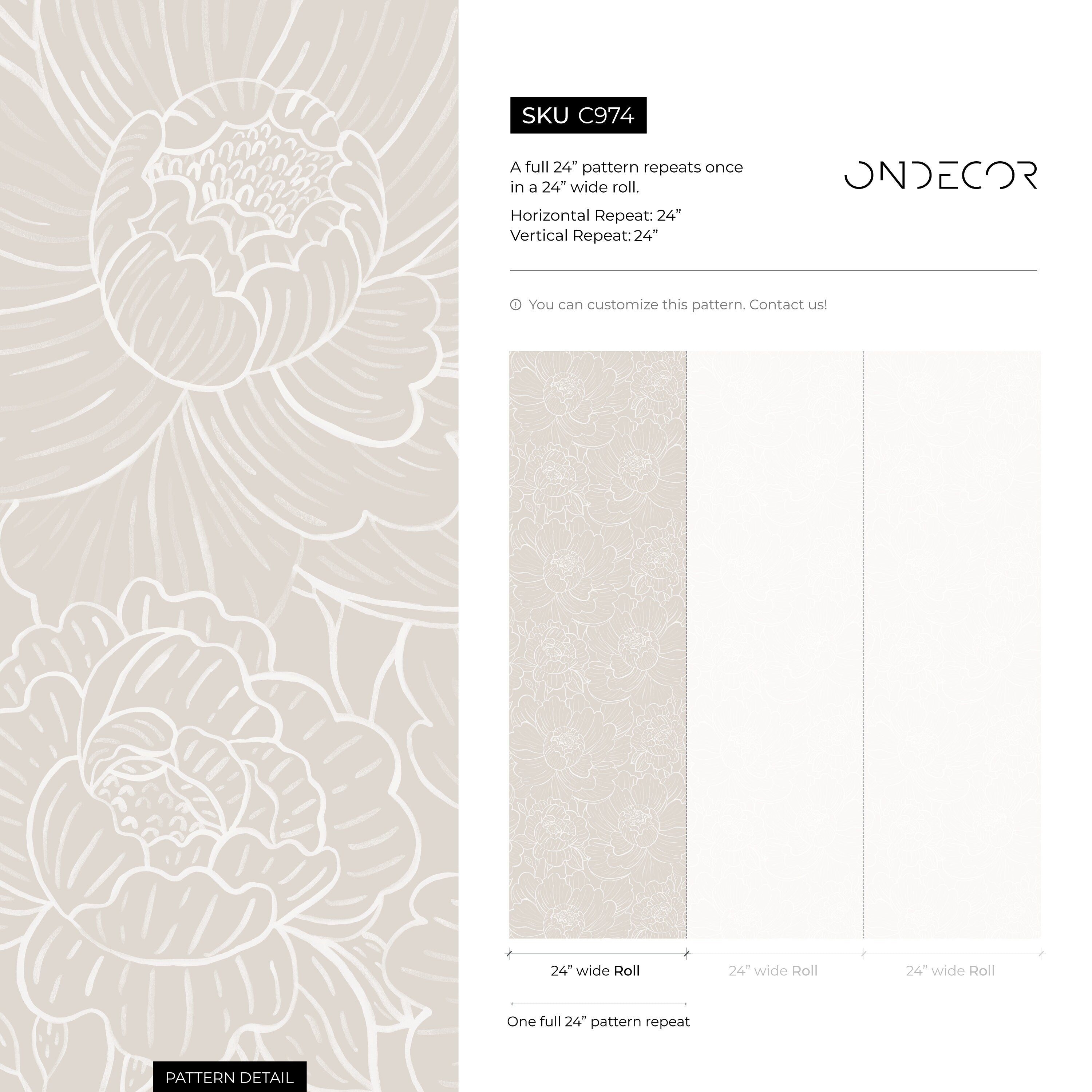Floral Wallpaper Featuring Elegant Peony Line Art In Beige And White - C974