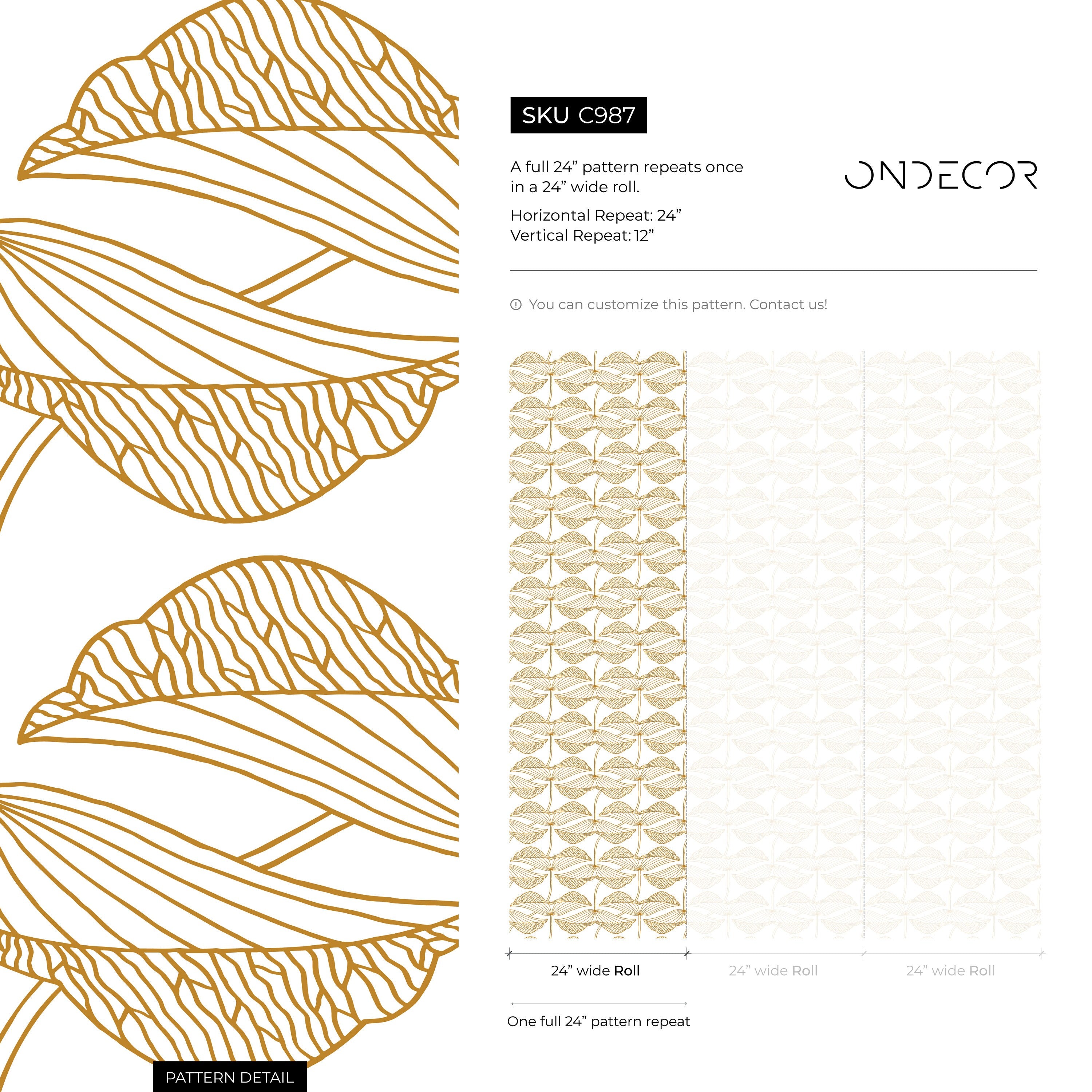 Art Deco Wallpaper With A Stylized Ginkgo Leaf Motif In Gold - C987