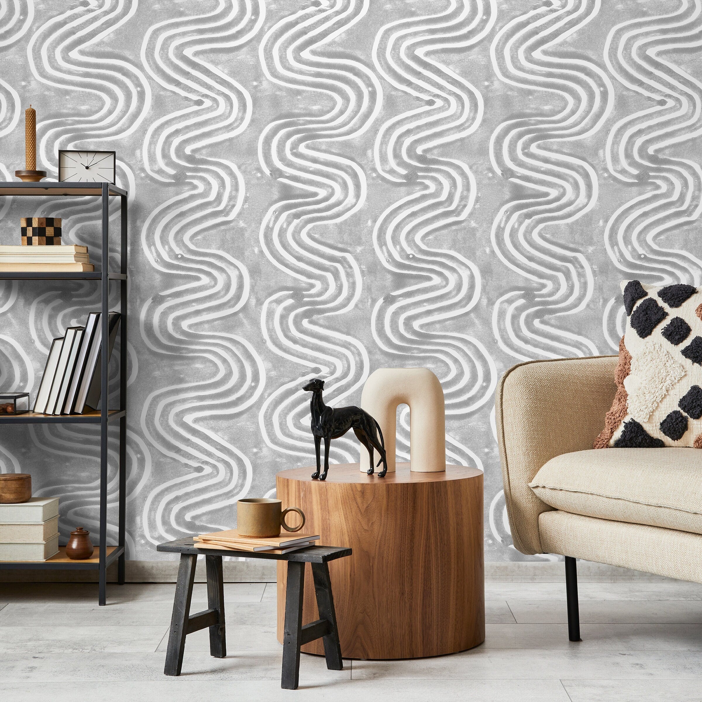 Abstract Wallpaper With Wavy Lines In Gray And White - X095