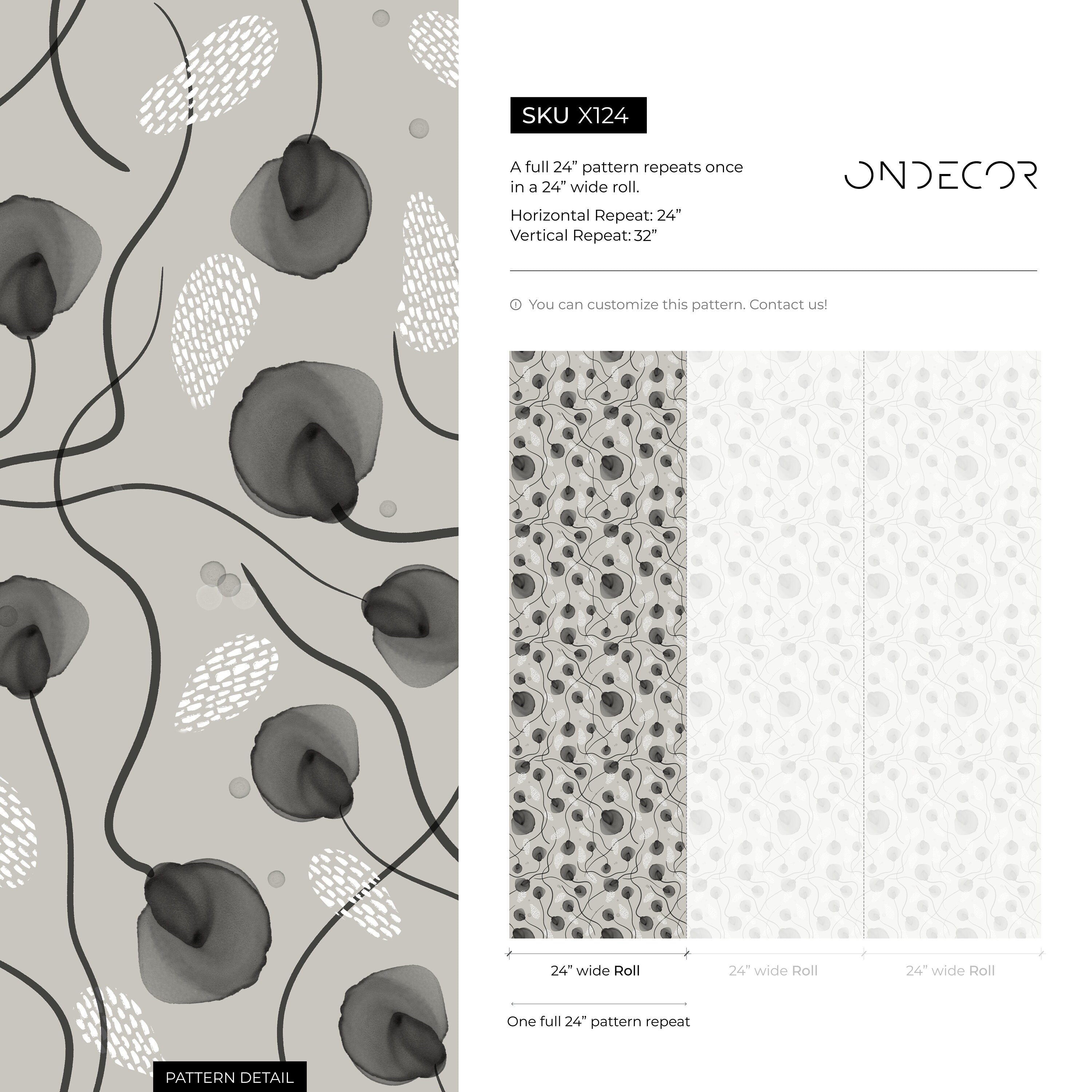 Scandinavian Wallpaper With Abstract Watercolor Poppies In Gray And Black - X124