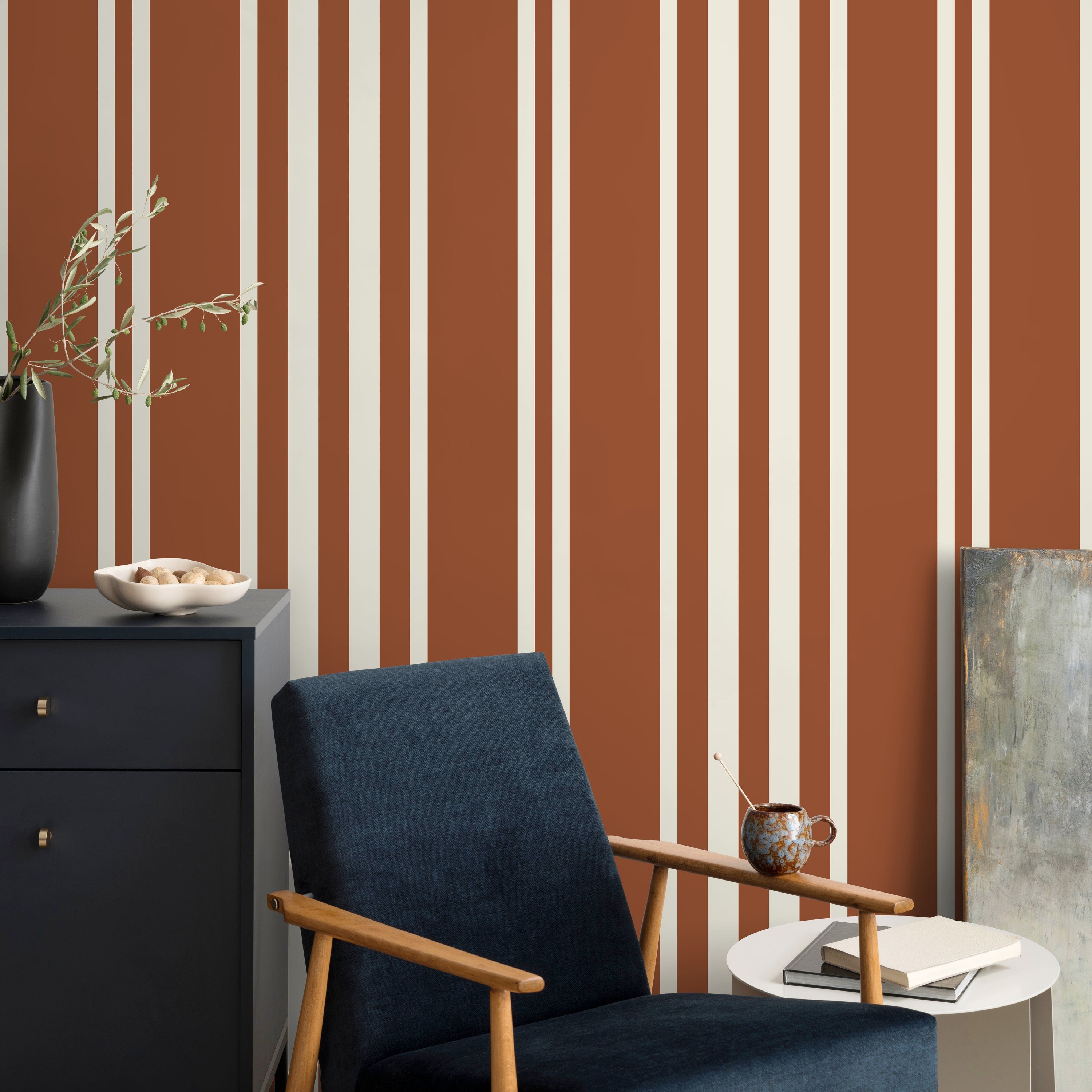 Striped Wallpaper With A Modern Vertical Pattern In Terracotta And Cream - D789