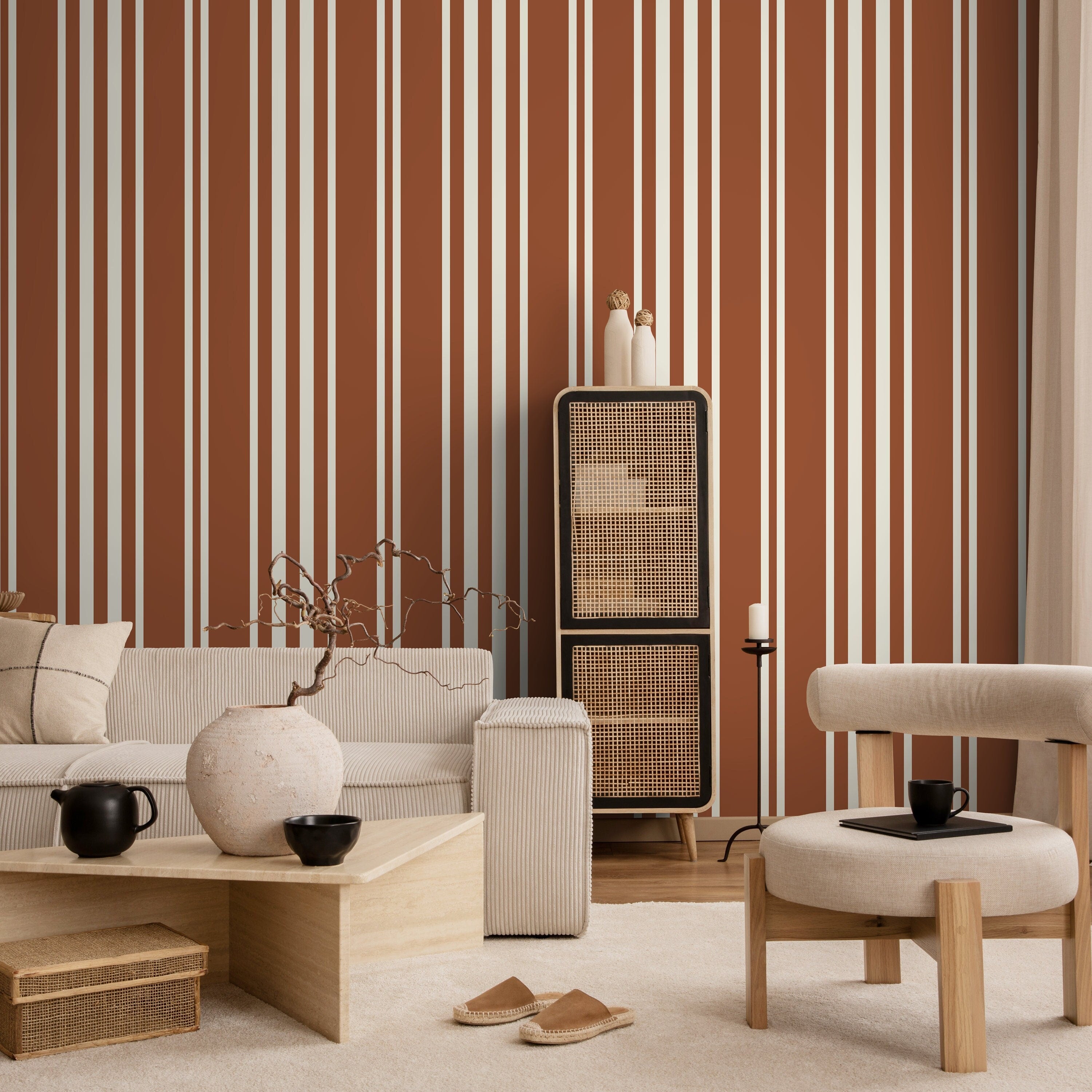 Striped Wallpaper With A Modern Vertical Pattern In Terracotta And Cream - D789