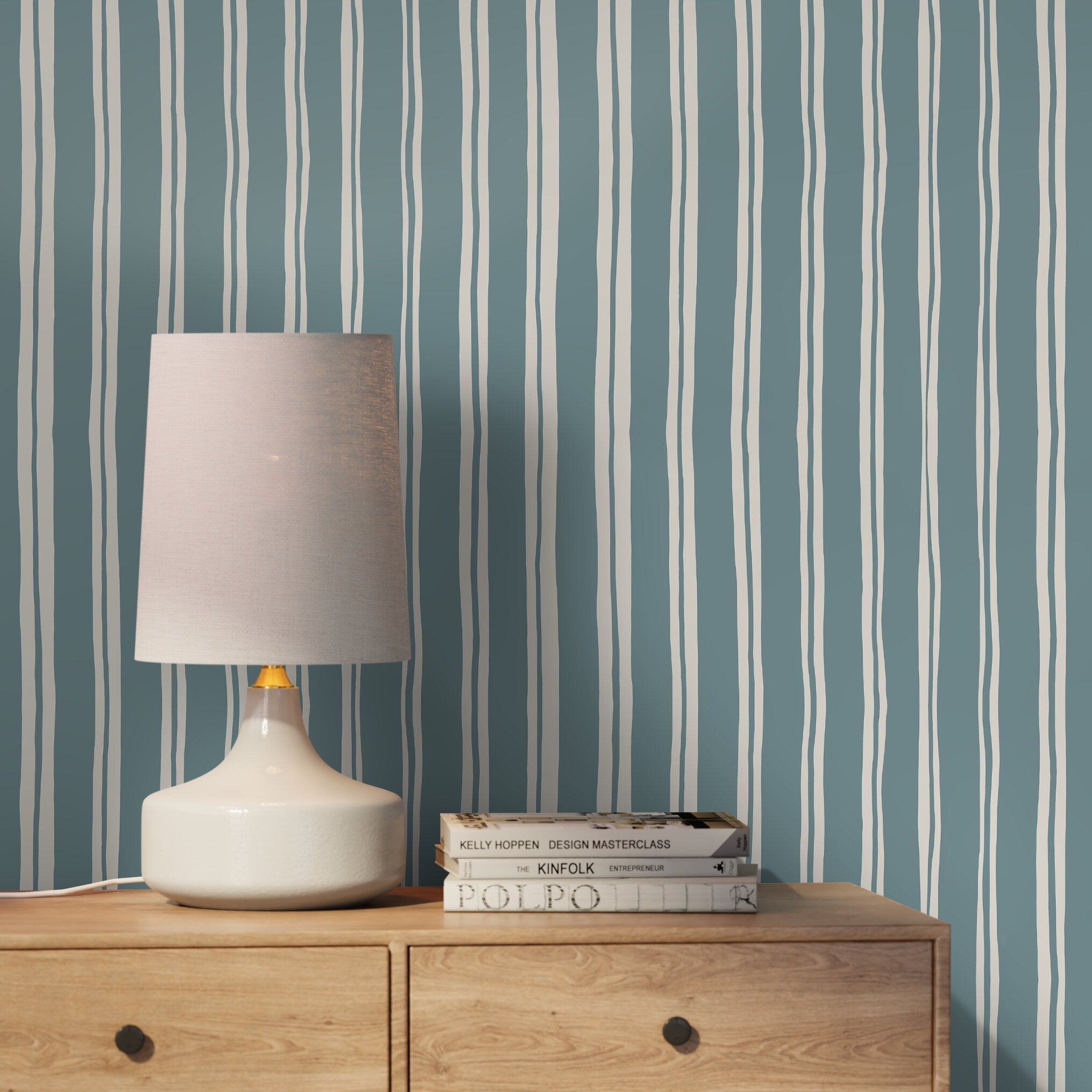 Striped Wallpaper With Organic Wavy Lines In Light Blue And Cream - D765