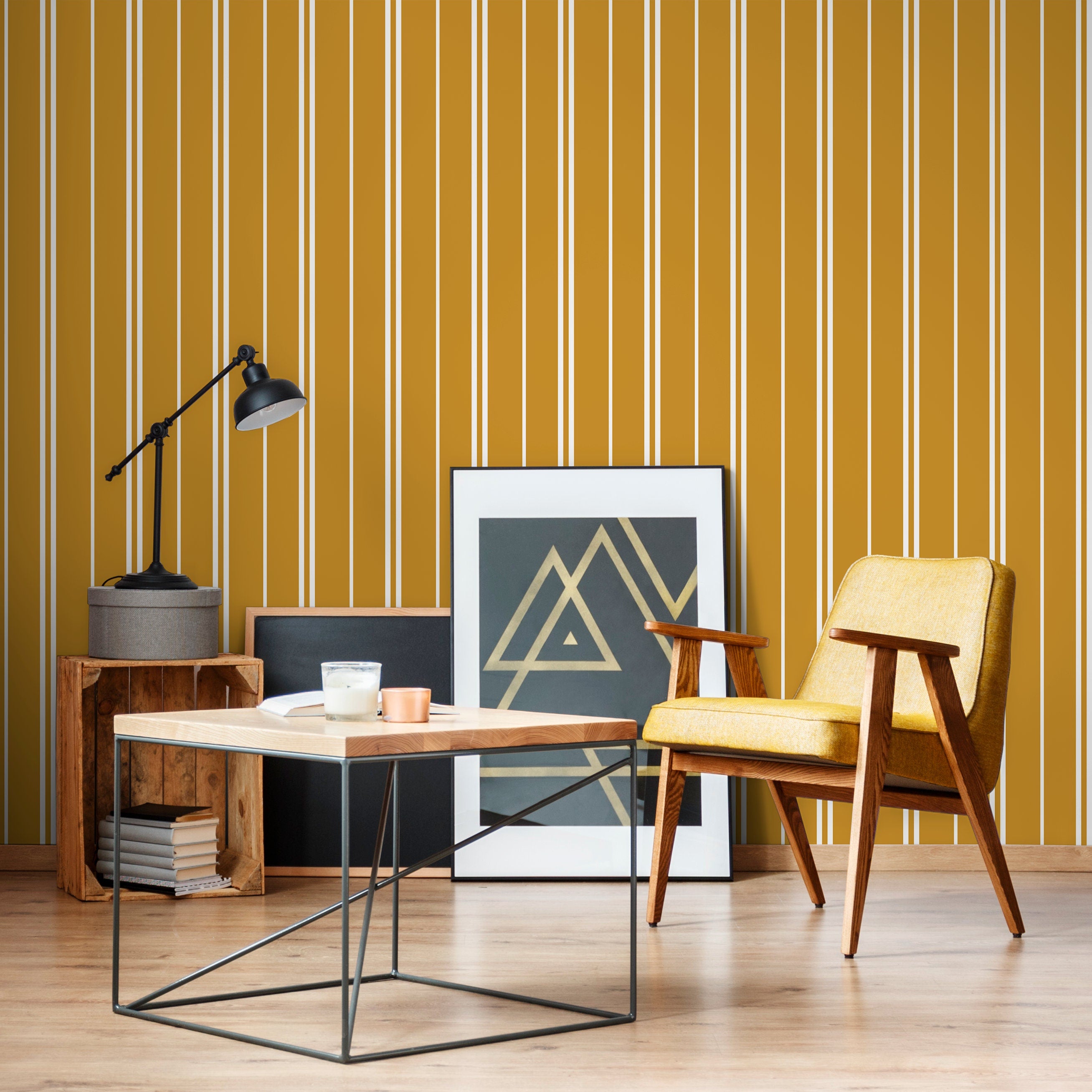 Striped Wallpaper Featuring Clean Vertical Lines In Mustard Yellow And White - D768