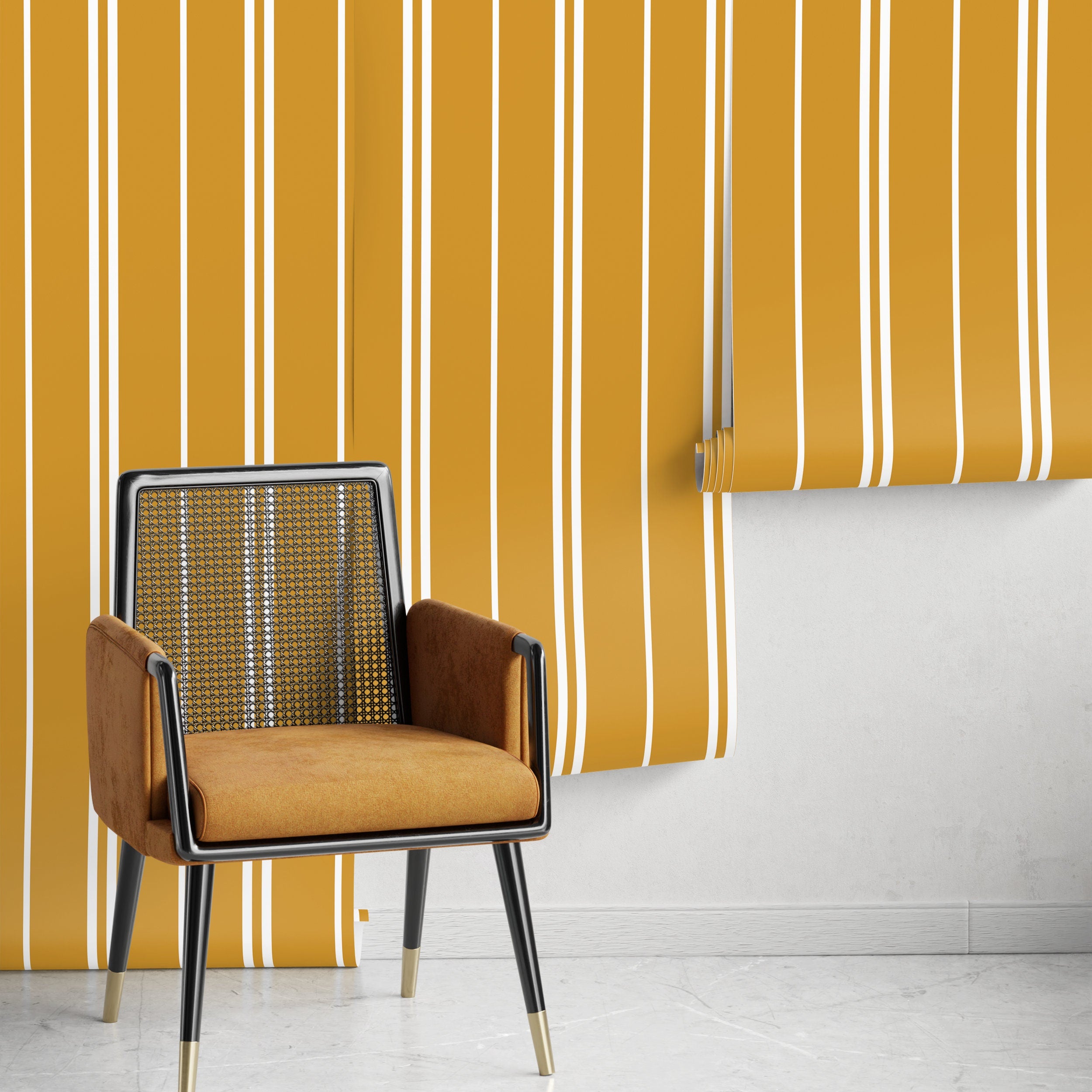Striped Wallpaper Featuring Clean Vertical Lines In Mustard Yellow And White - D768