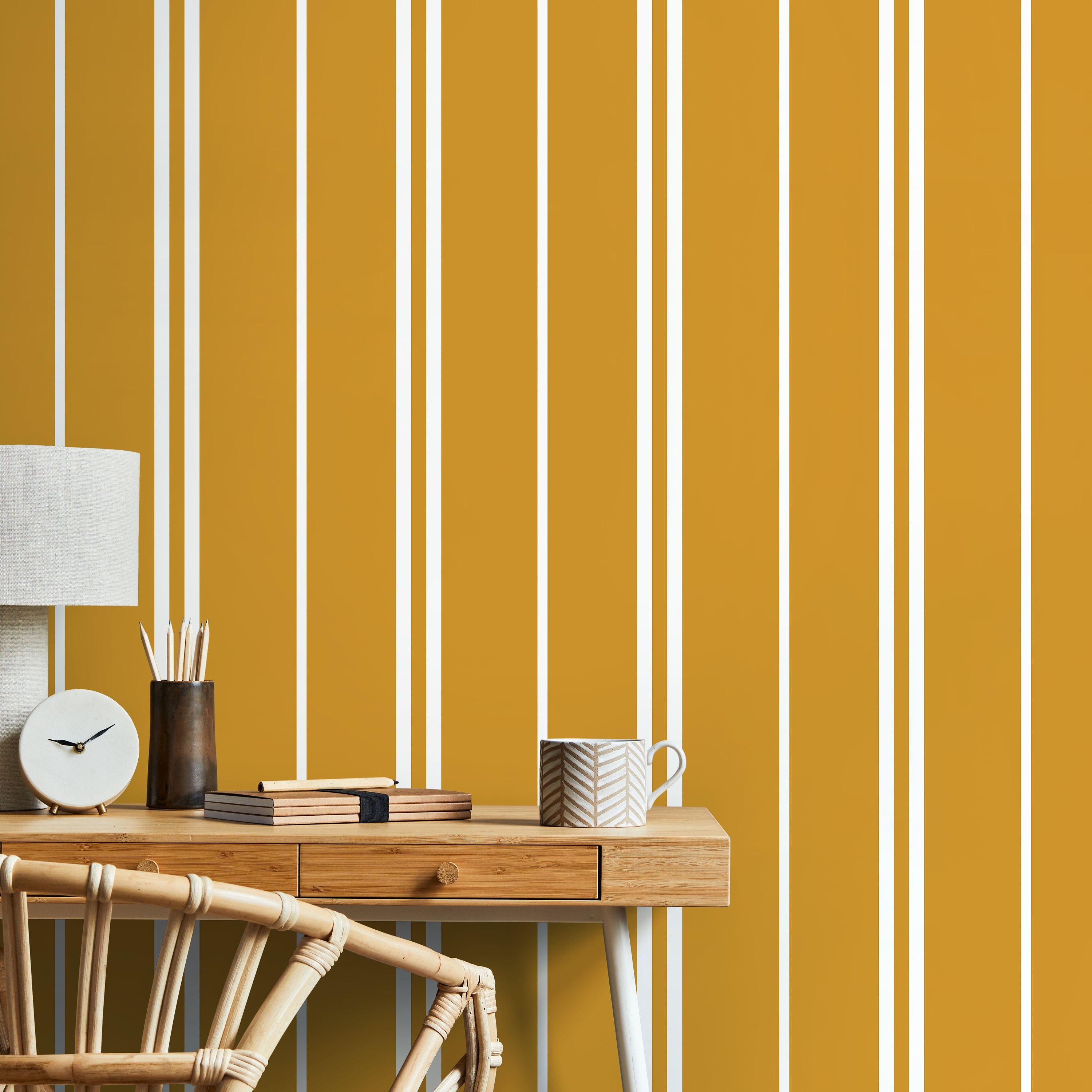 Striped Wallpaper Featuring Clean Vertical Lines In Mustard Yellow And White - D768