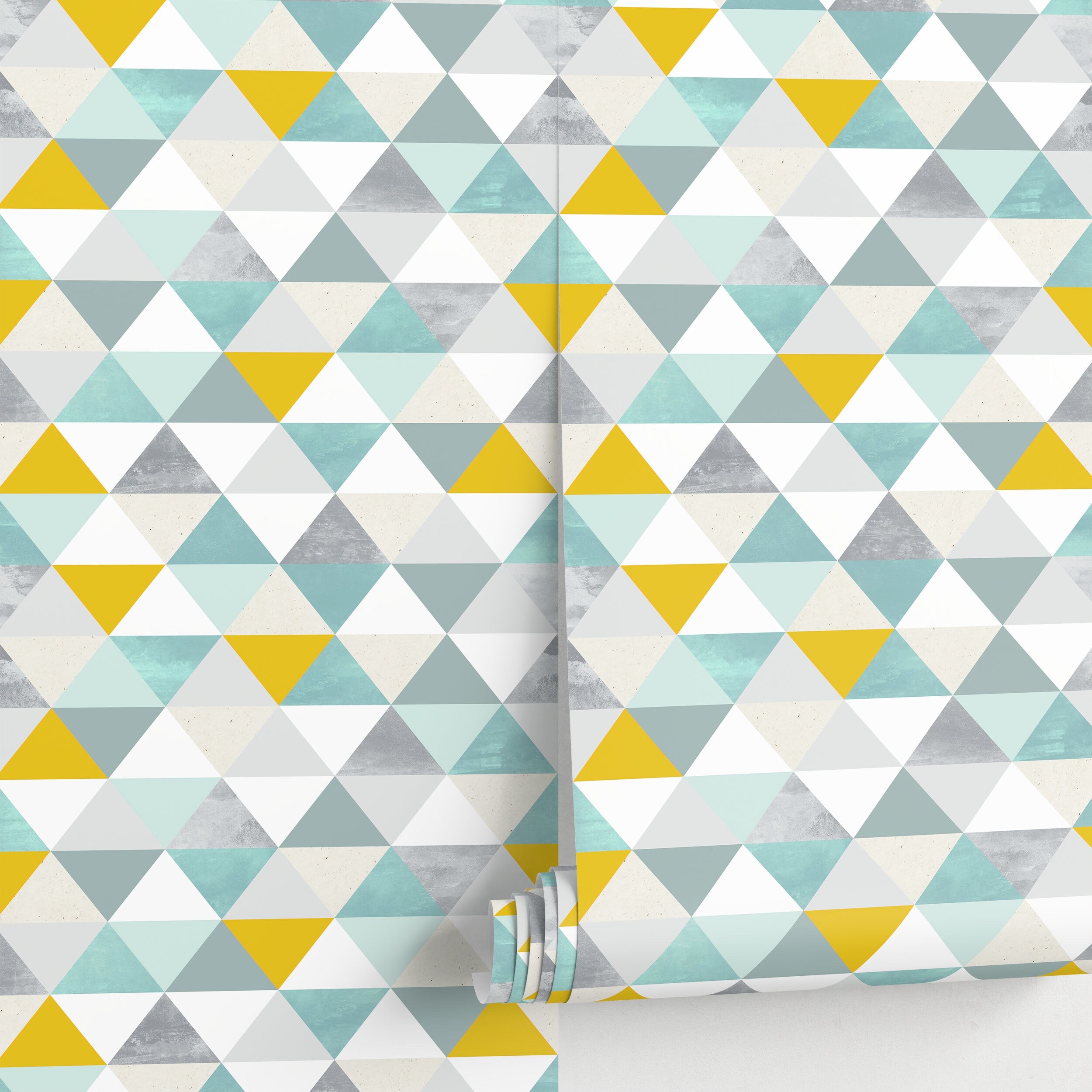 Geometric Wallpaper With A Textured Triangle Mosaic In Yellow, Teal, And Grey - A732