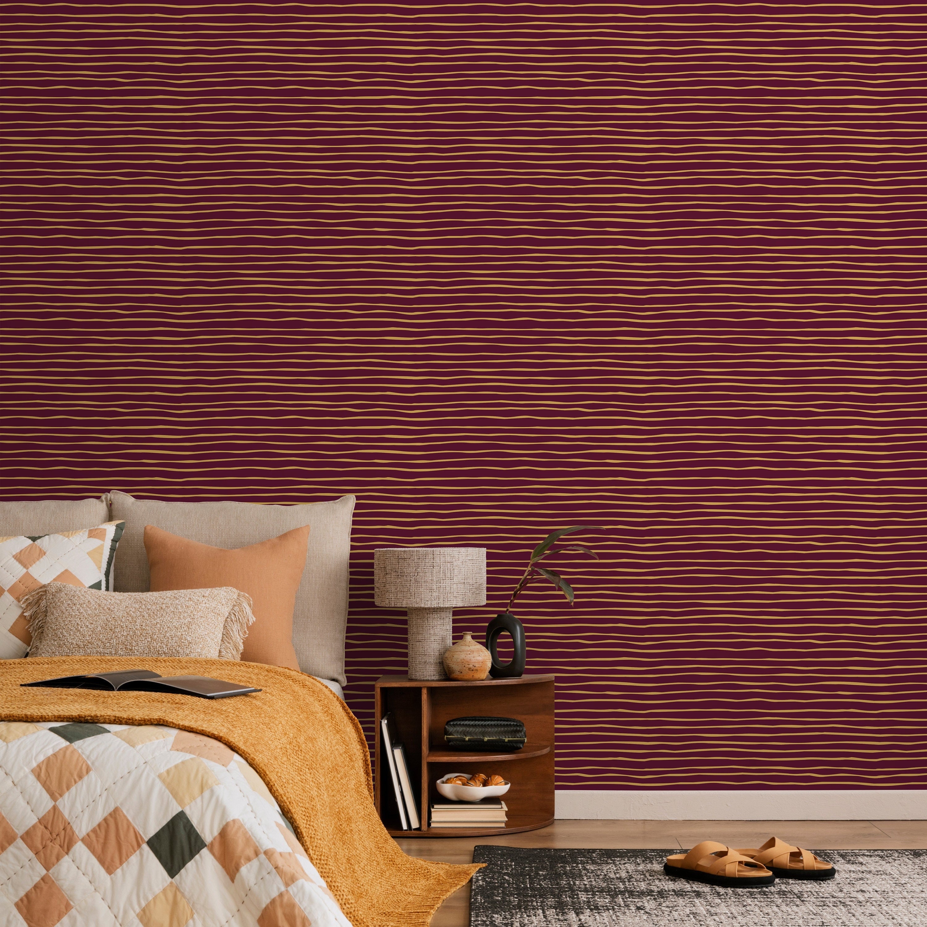 Abstract Wallpaper With Wavy Horizontal Stripes In Red And Gold - D773