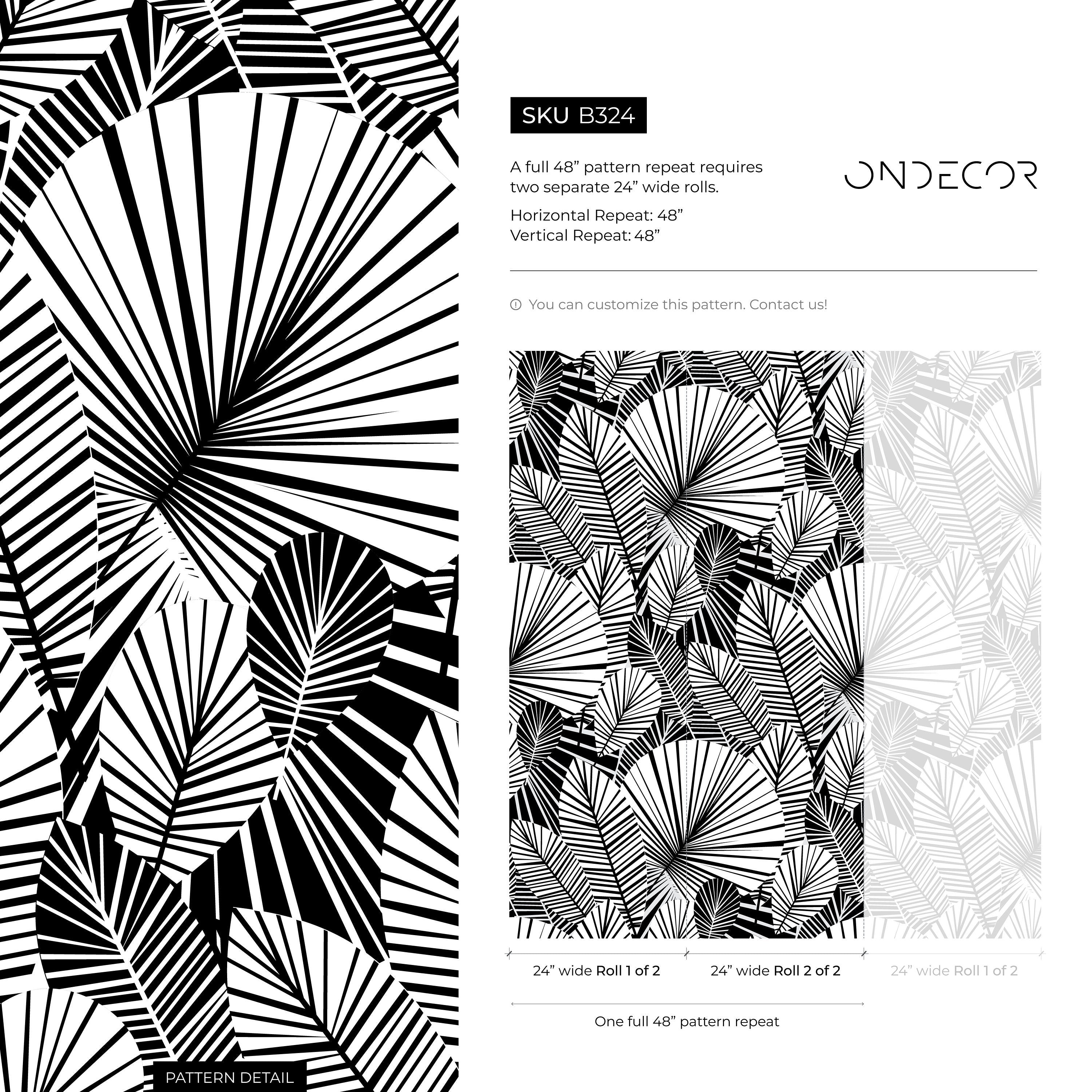 Botanical Wallpaper With A Modern Fan Palm Motif In Black And White - B324