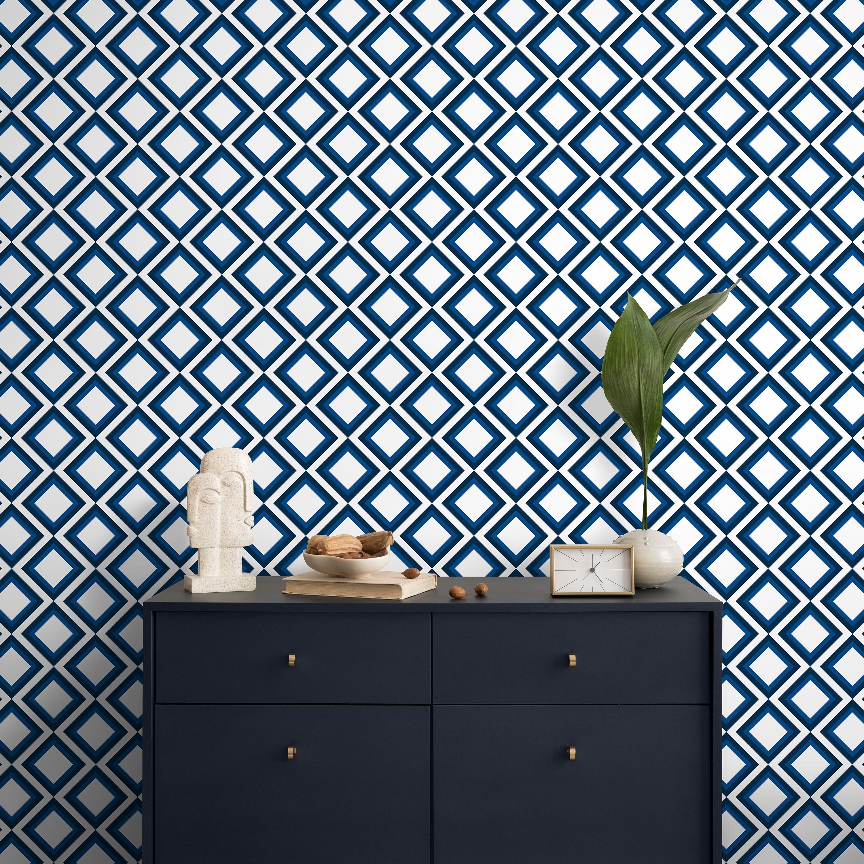 Geometric Wallpaper With A Concentric Diamond Motif In Blue And White - A330