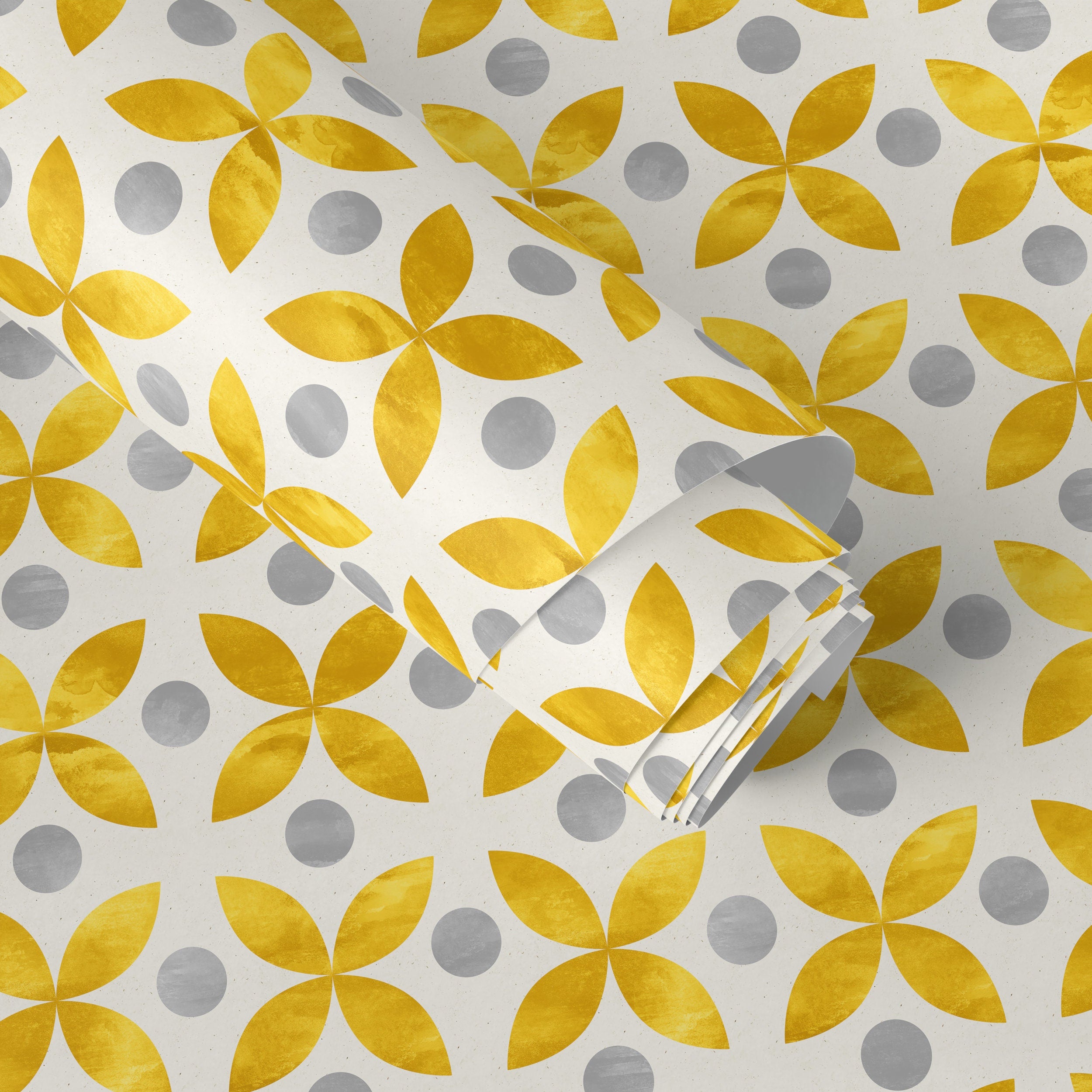 Geometric Wallpaper With A Scandinavian Floral Motif In Yellow And Grey - A737
