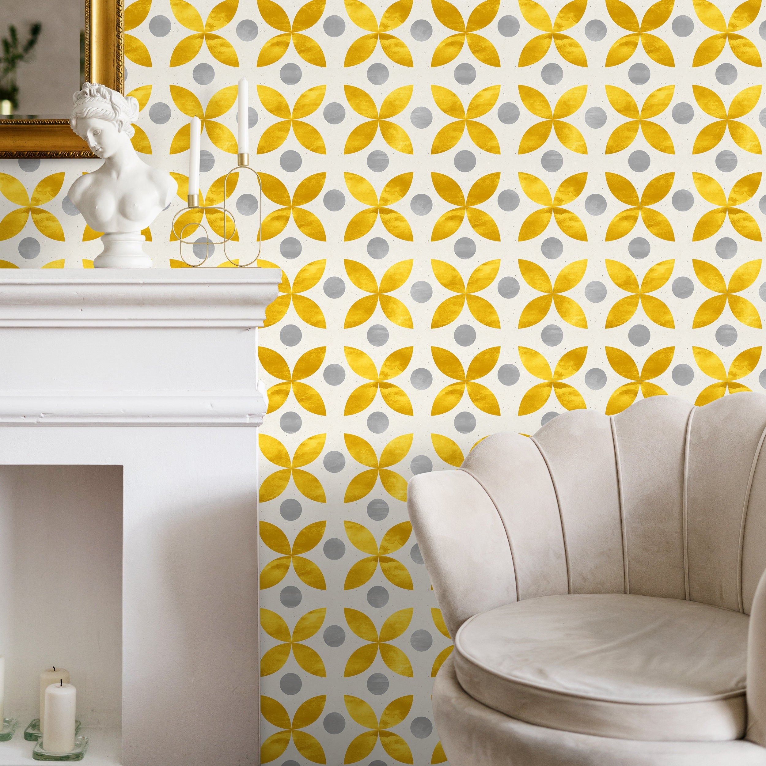 Geometric Wallpaper With A Scandinavian Floral Motif In Yellow And Grey - A737
