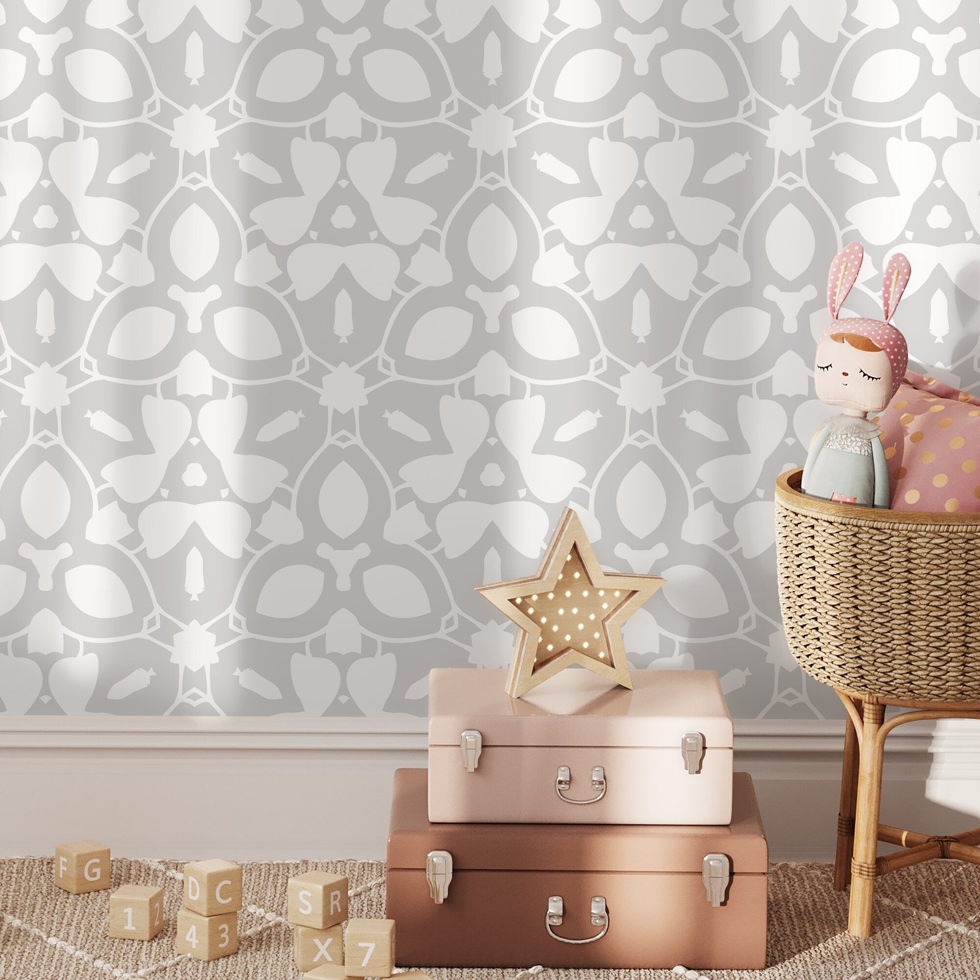 Abstract Wallpaper With A Symmetrical Kaleidoscope Motif In Gray And White - X045