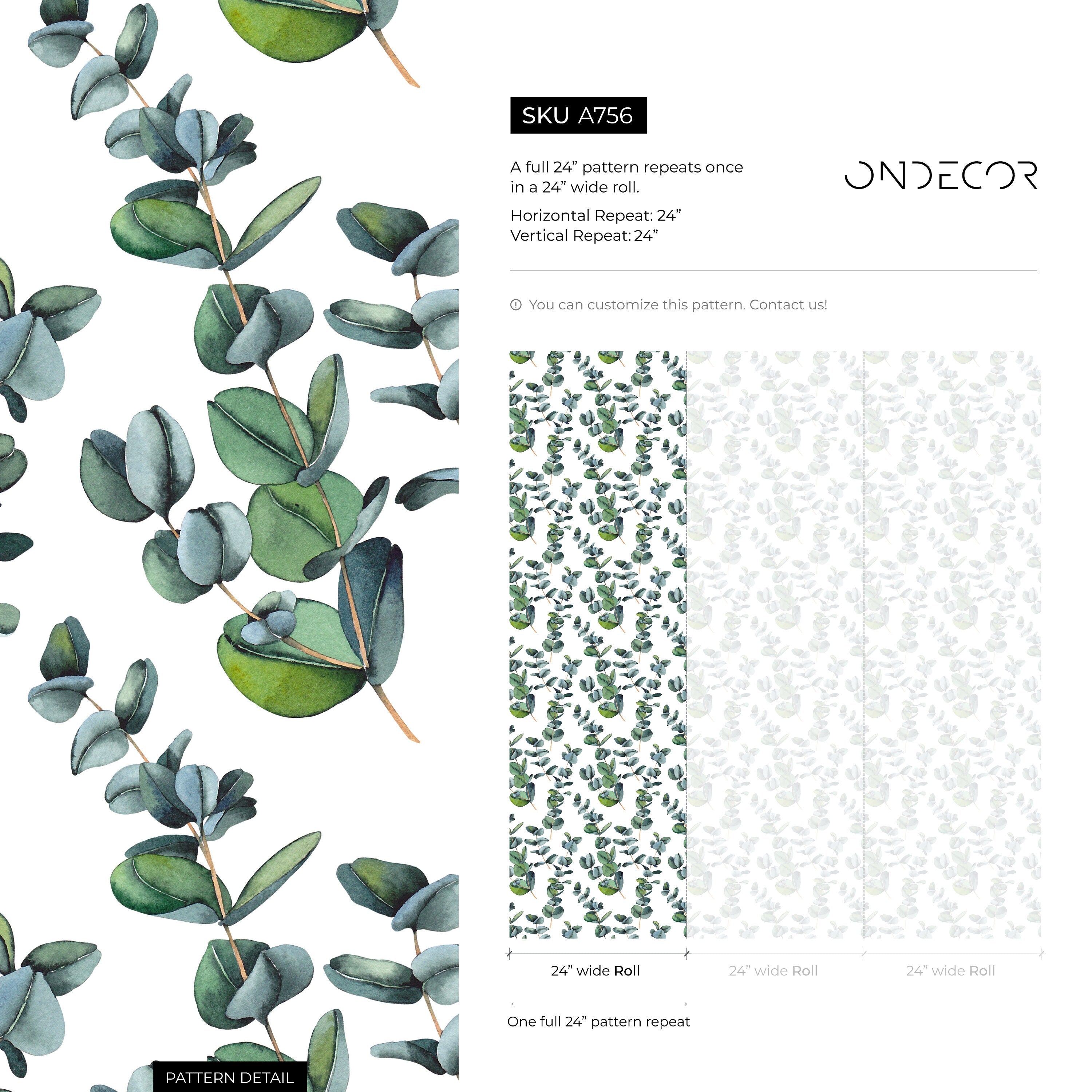 Botanical Wallpaper With Watercolor Eucalyptus Branches In Green - A756