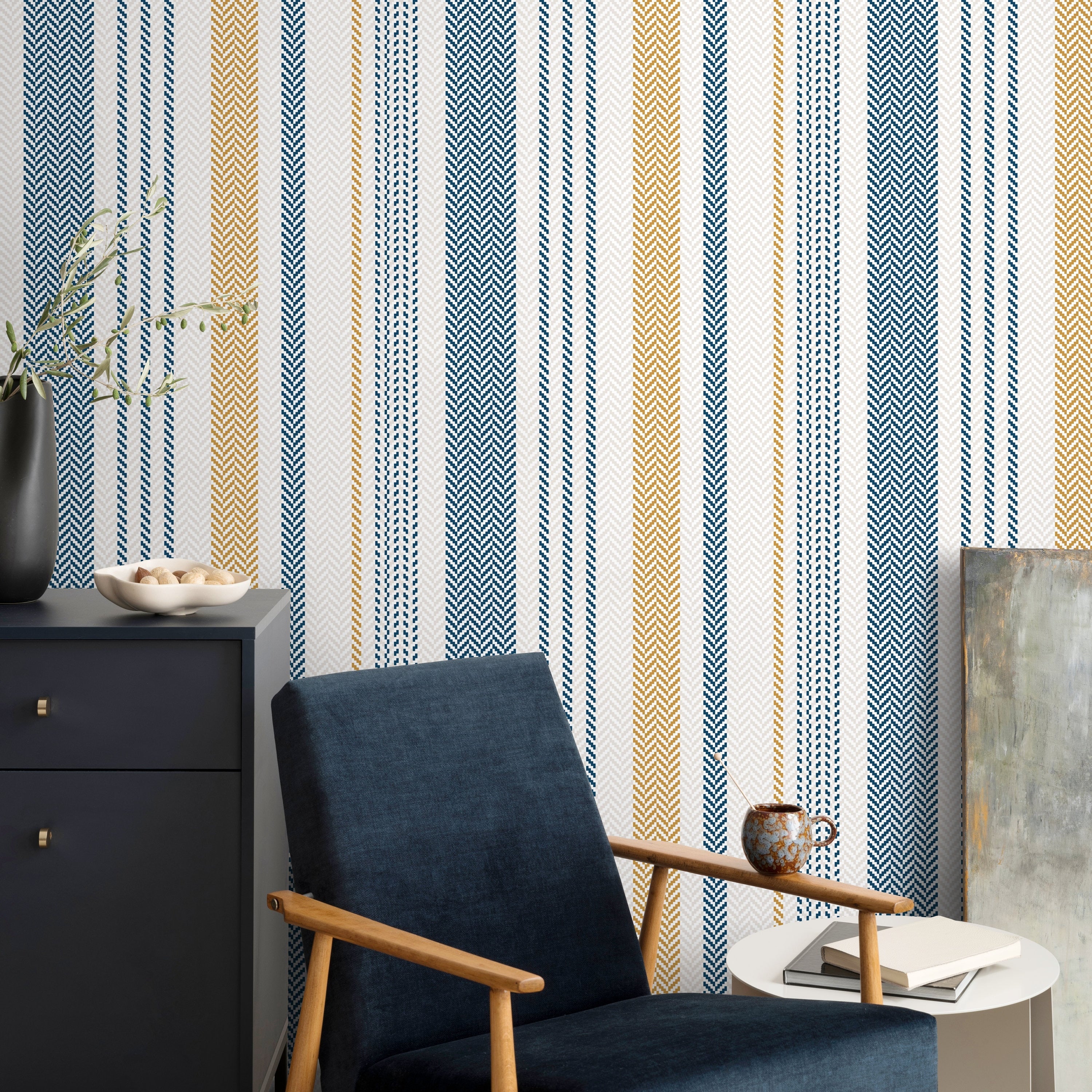 Striped Wallpaper With A Woven Herringbone Motif In Blue, Gold, And Gray - D803