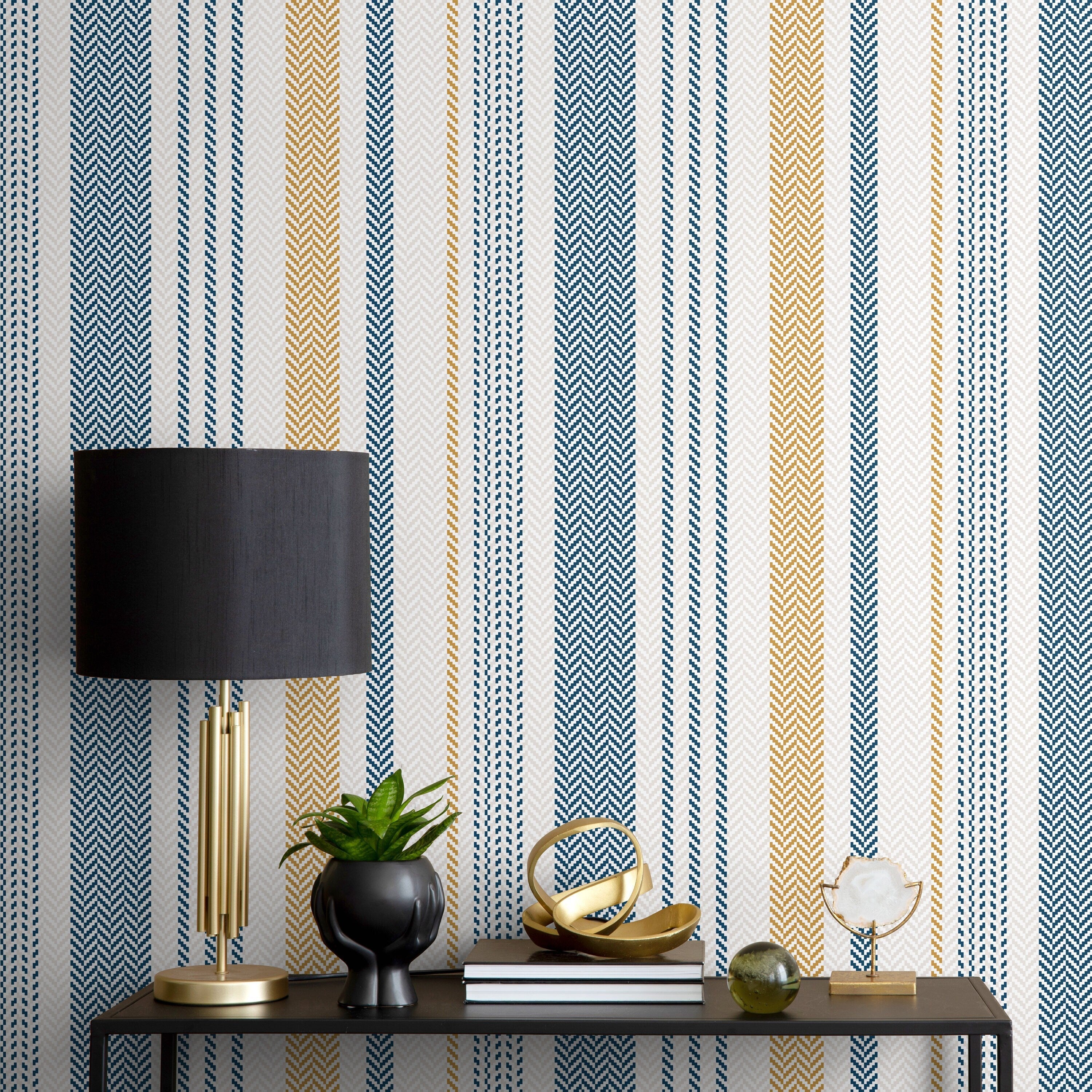 Striped Wallpaper With A Woven Herringbone Motif In Blue, Gold, And Gray - D803