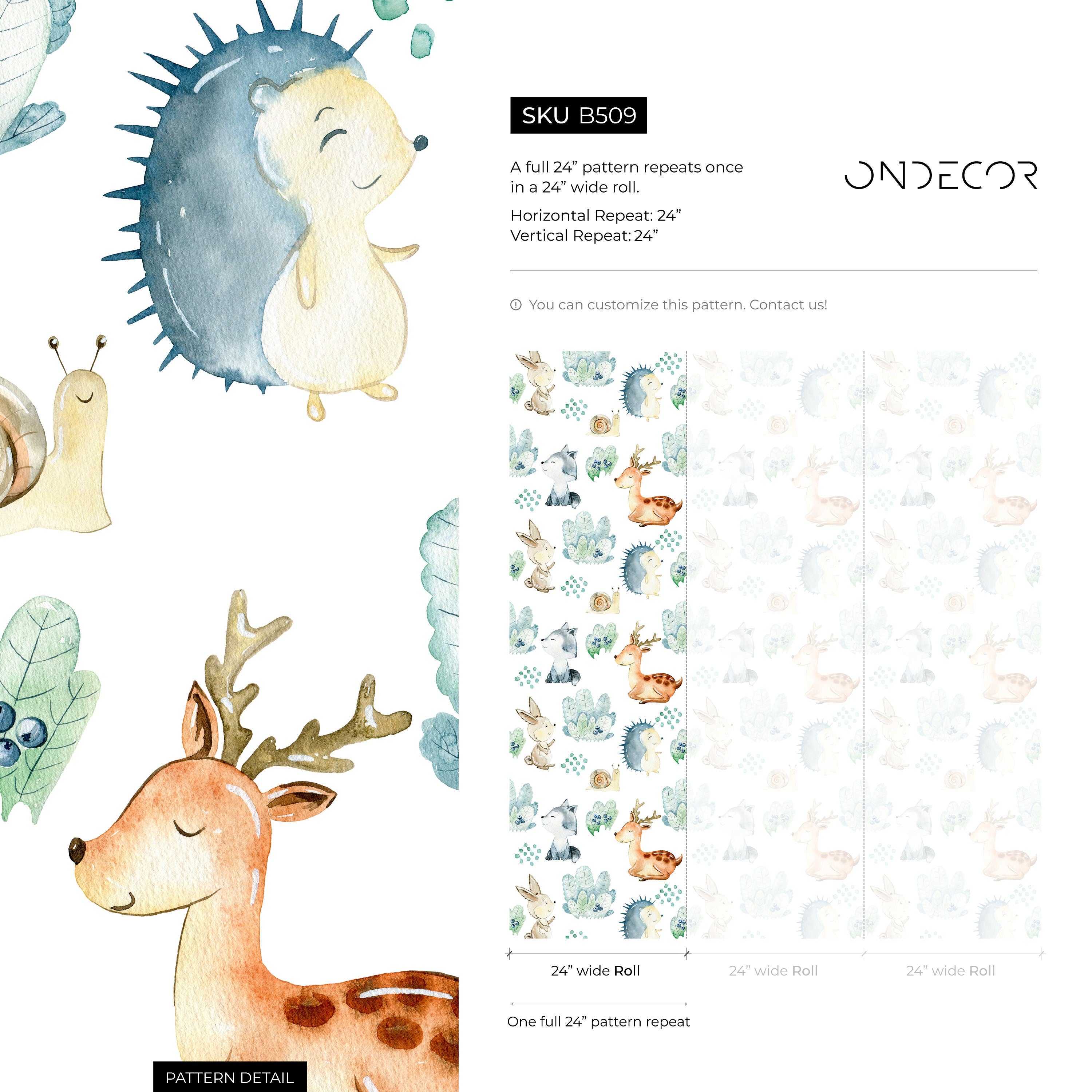 Woodland Wallpaper With Watercolor Forest Animals In Brown, Blue, And Green - B509
