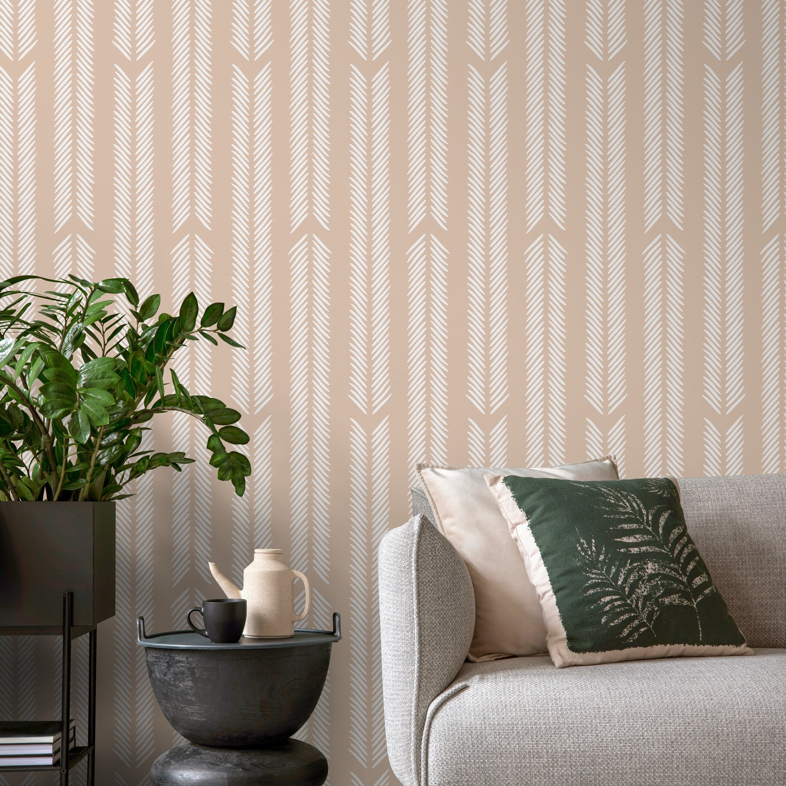 Herringbone Wallpaper With A Minimalist Arrow Motif In Beige And White - D799