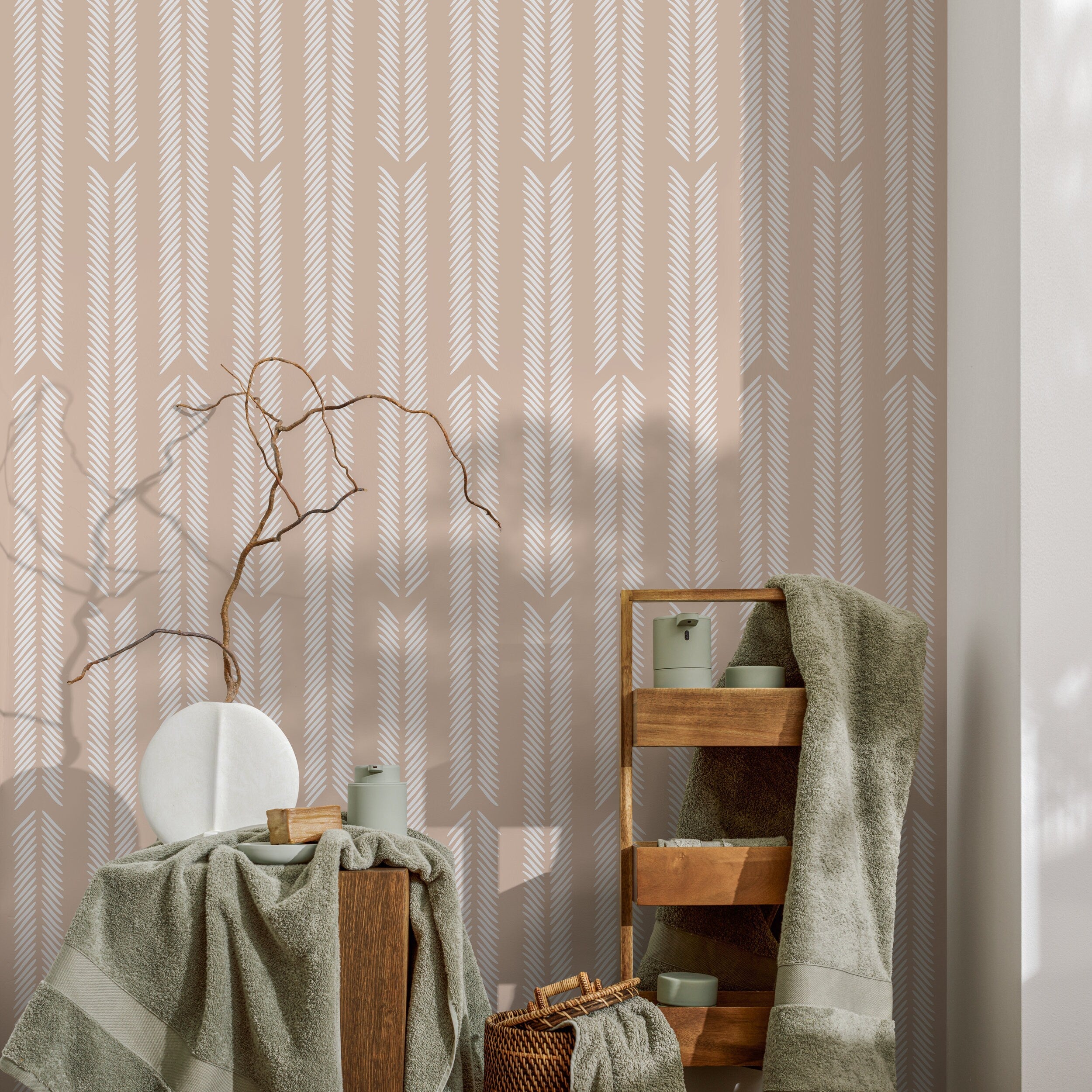Herringbone Wallpaper With A Minimalist Arrow Motif In Beige And White - D799