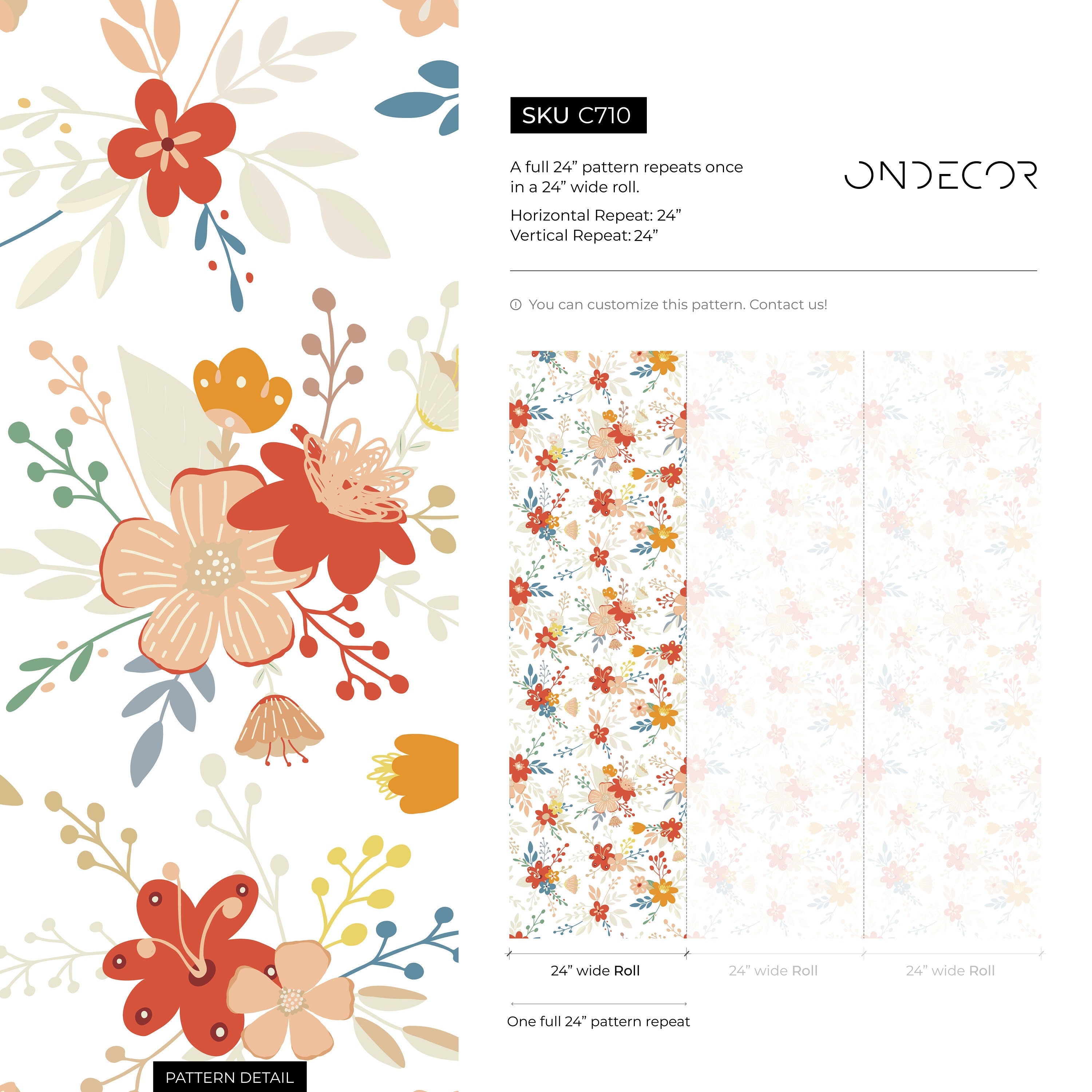 Floral Wallpaper With A Cute Folk Art Motif In Red, Yellow, And Blue - C710