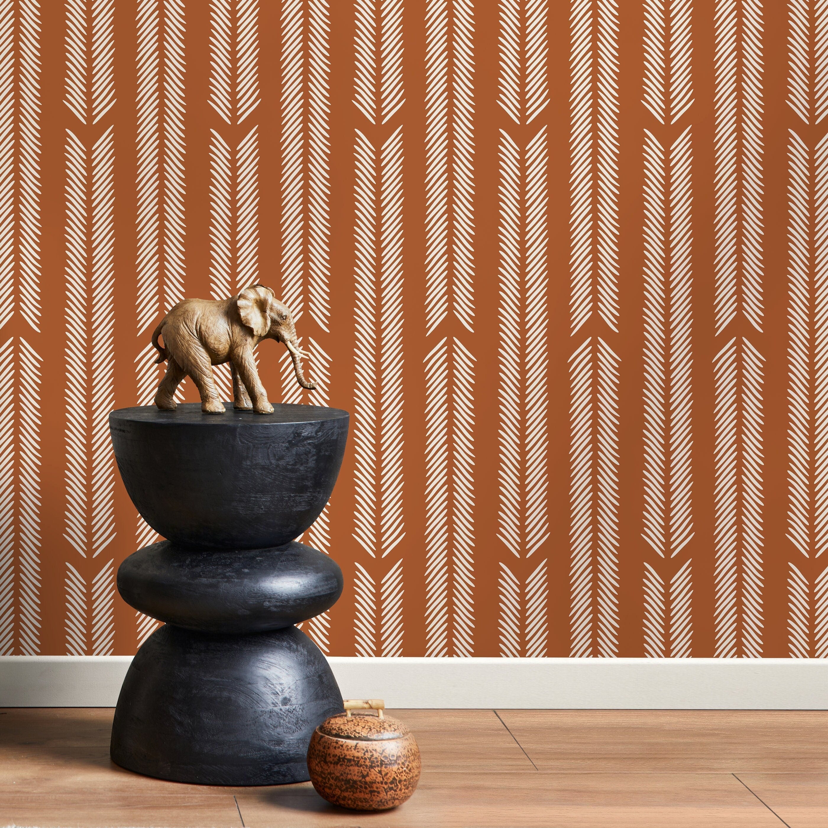 Herringbone Wallpaper With A Hand-drawn Motif In Terracotta And Off-white - D802