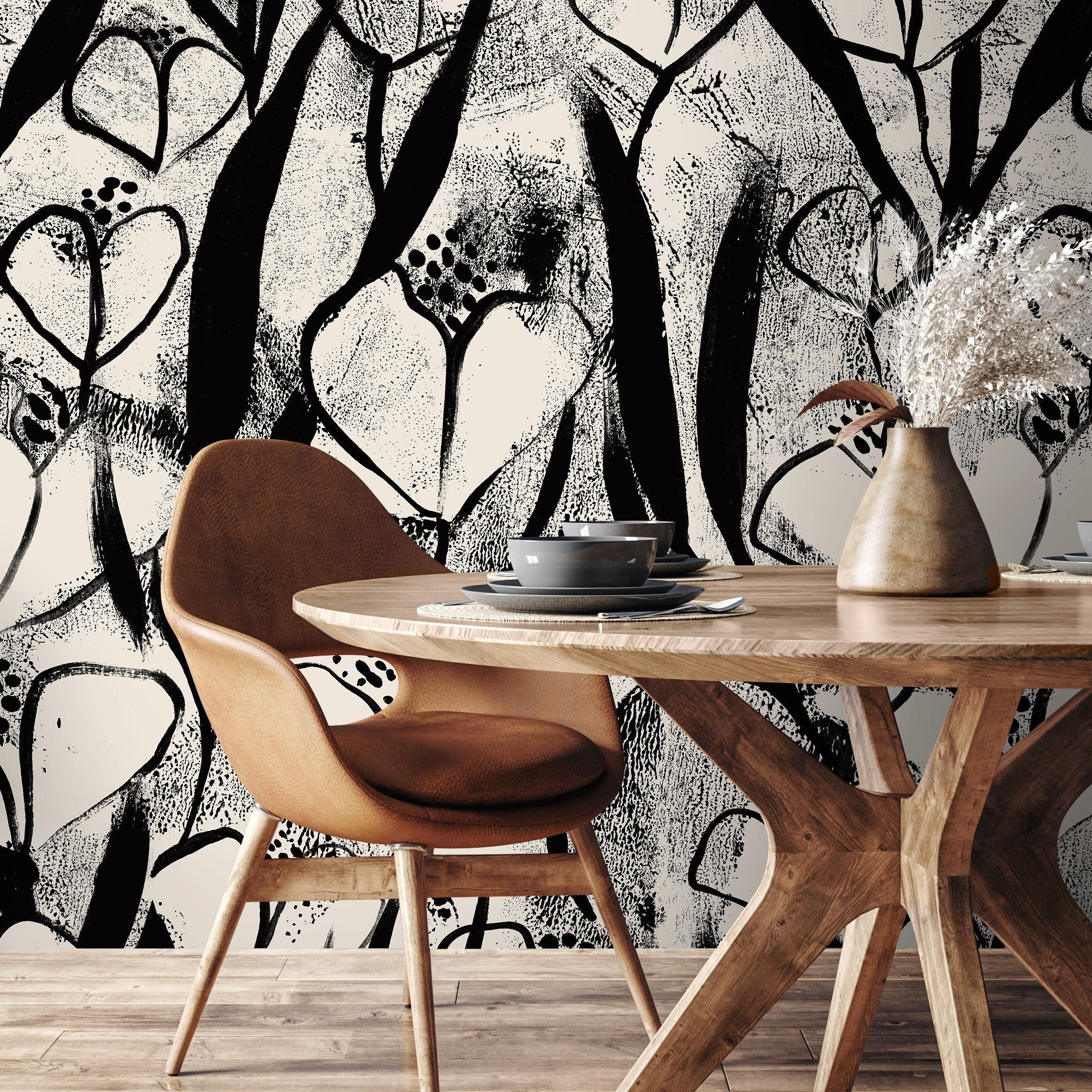 Floral Wallpaper With Abstract Heart-shaped Blooms In Black And Beige - X192
