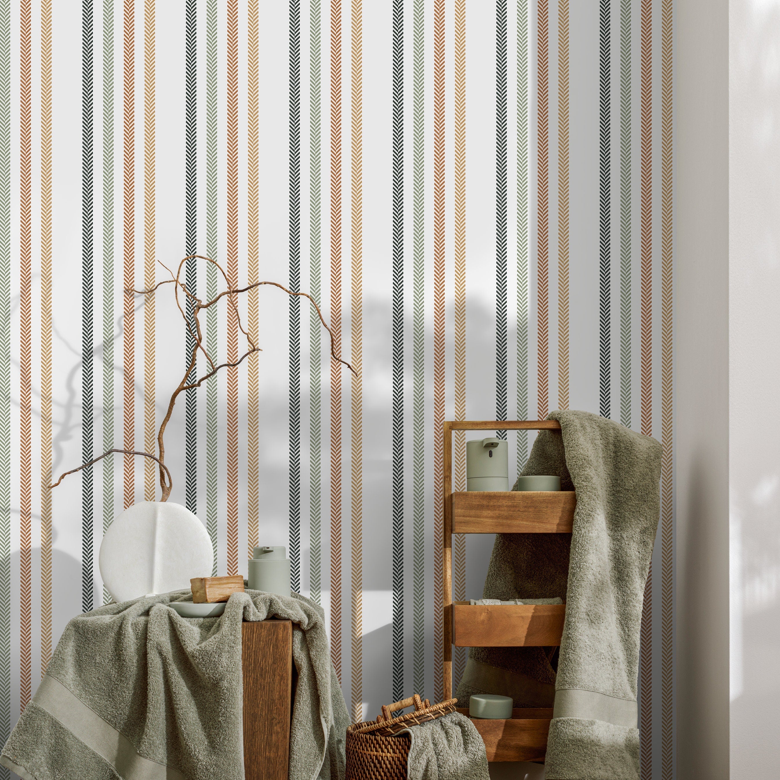 Striped Wallpaper With A Herringbone Motif In Black, Sage, And Rust - D778