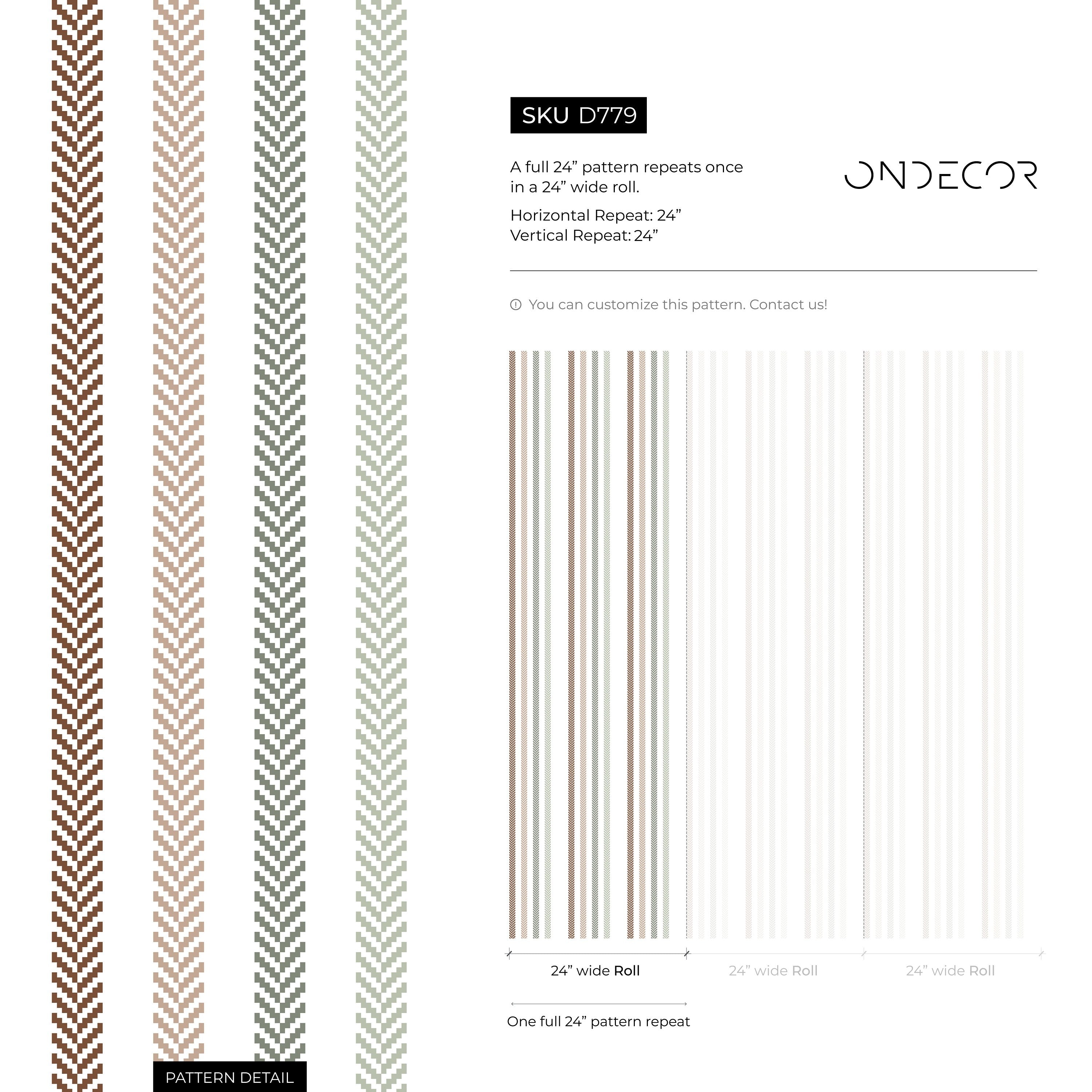 Striped Wallpaper With A Chevron Motif In Brown, Green, And Beige - D779