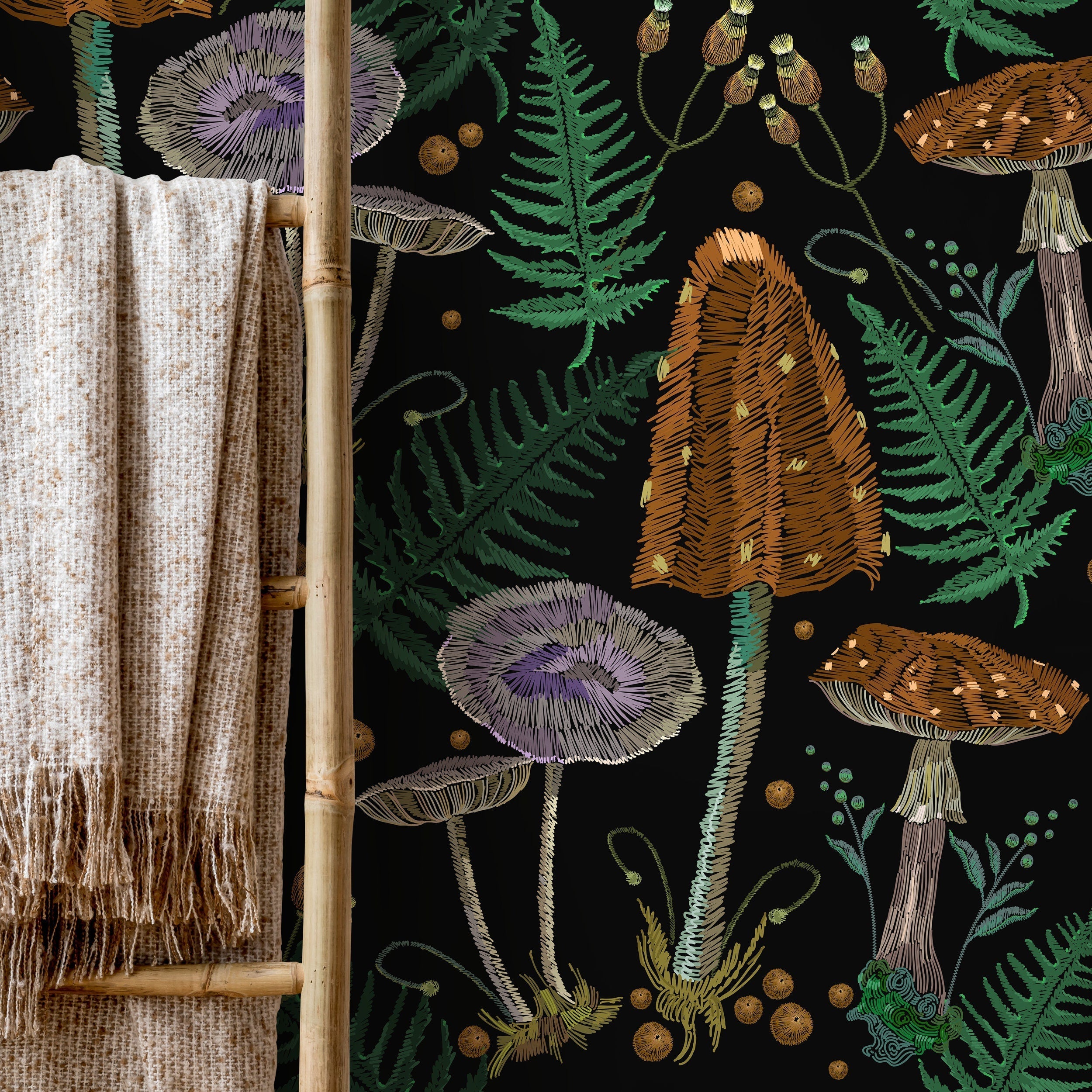 Mushroom Wallpaper With An Embroidered Motif In Brown, Green, And Purple - D814