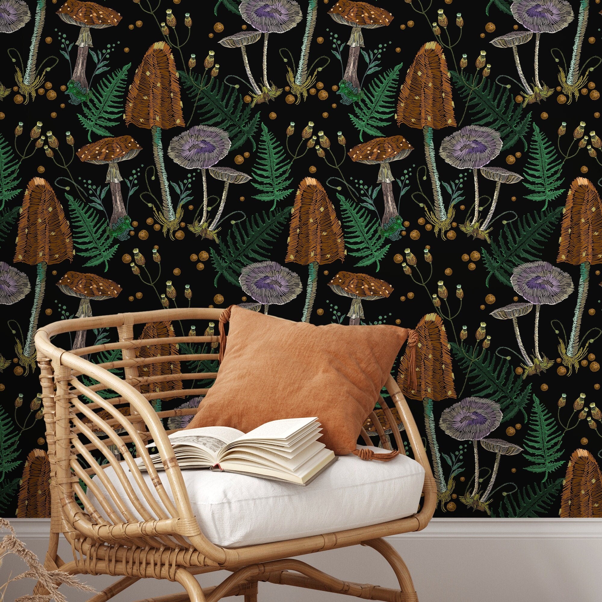 Mushroom Wallpaper With An Embroidered Motif In Brown, Green, And Purple - D814
