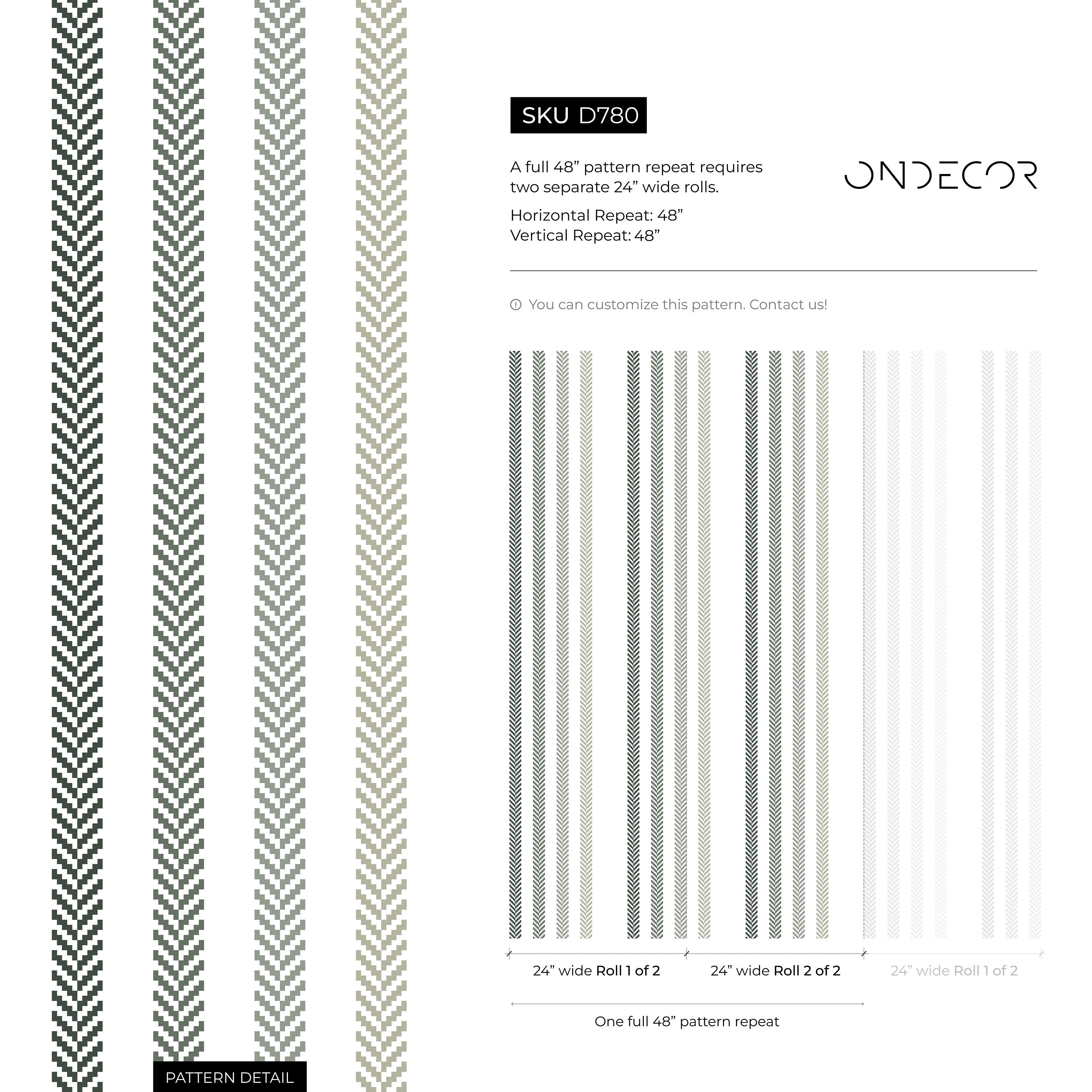Striped Wallpaper With A Textured Herringbone Motif In Green And Taupe - D780