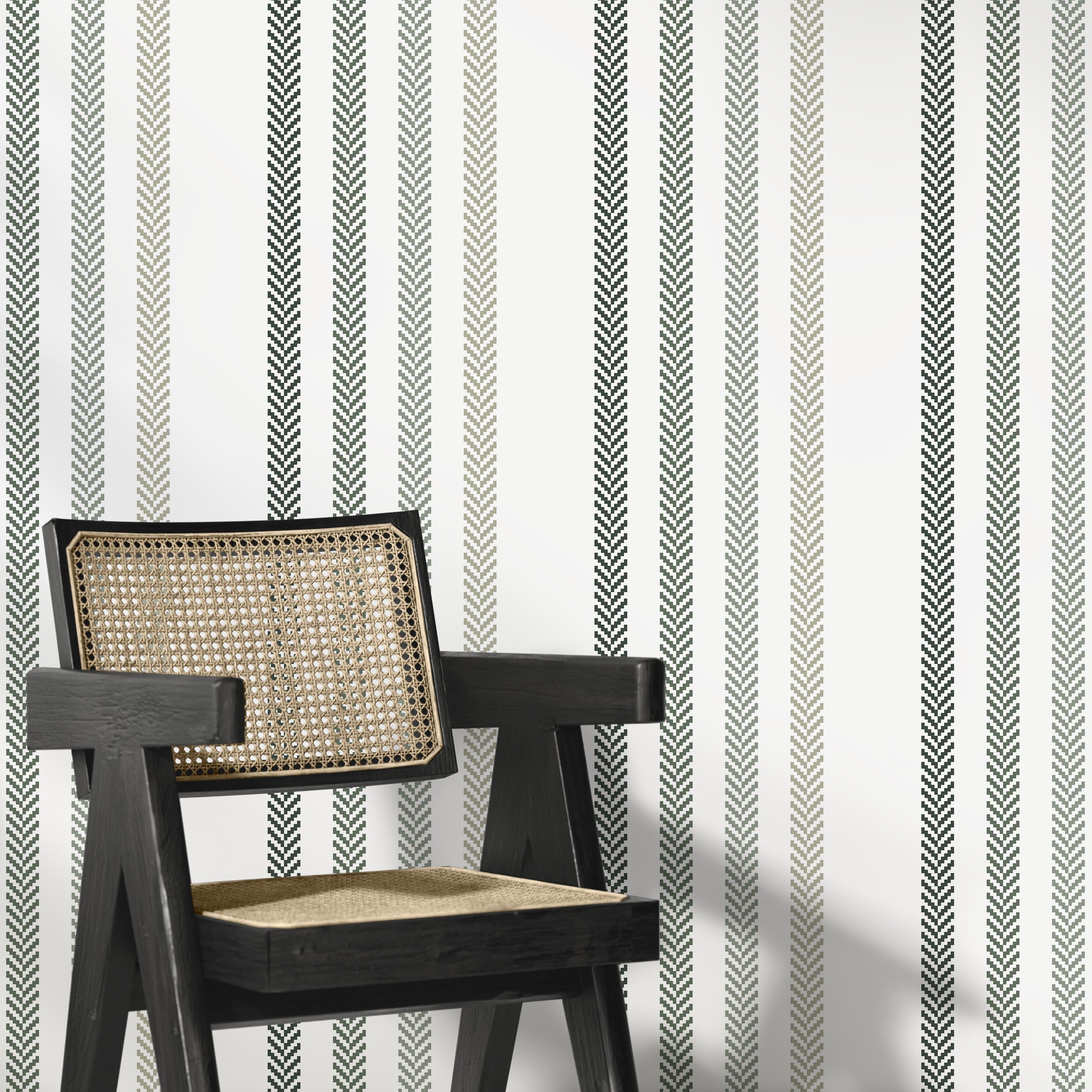 Striped Wallpaper With A Textured Herringbone Motif In Green And Taupe - D780