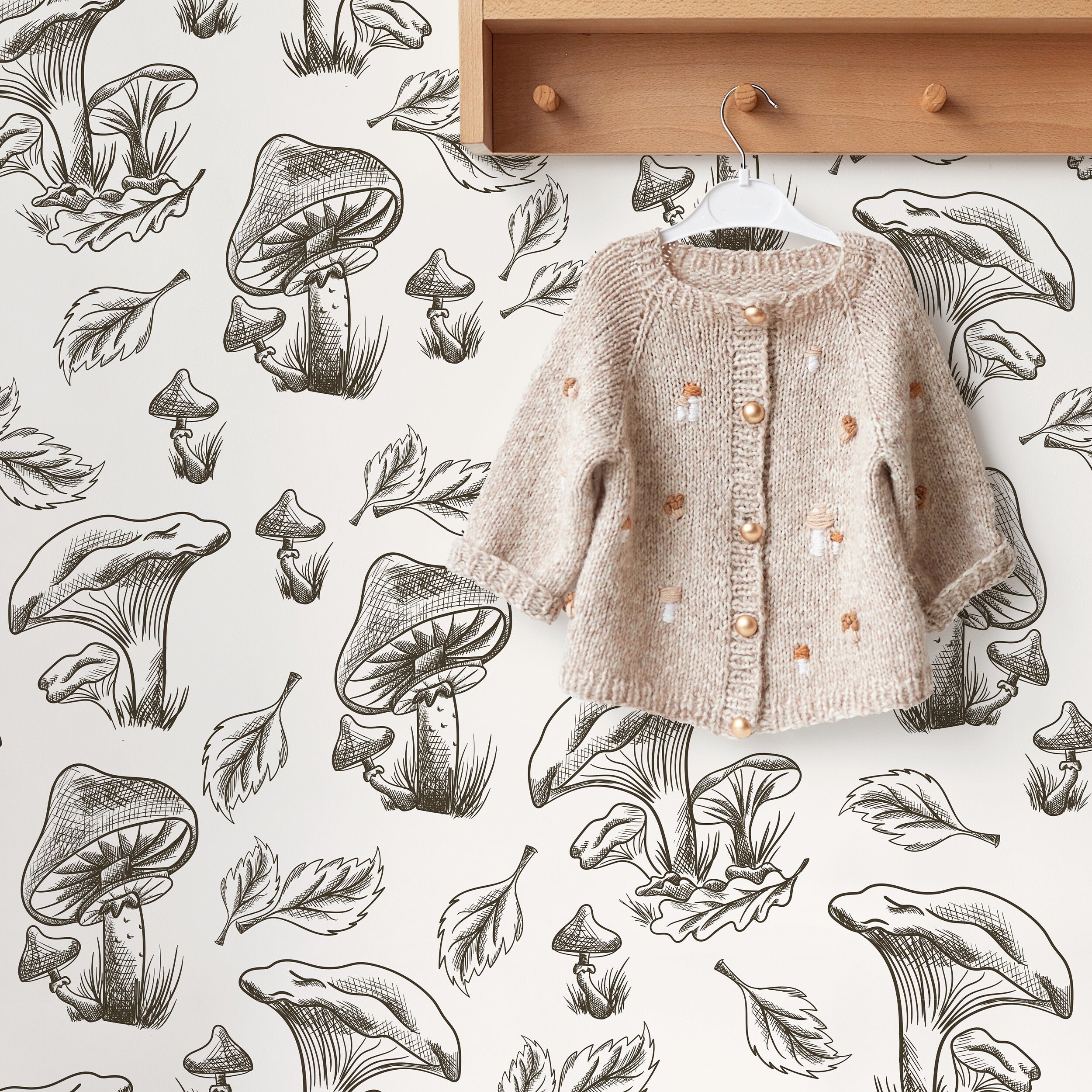 Botanical Wallpaper With Hand-drawn Mushrooms And Leaves In Black And White - D819