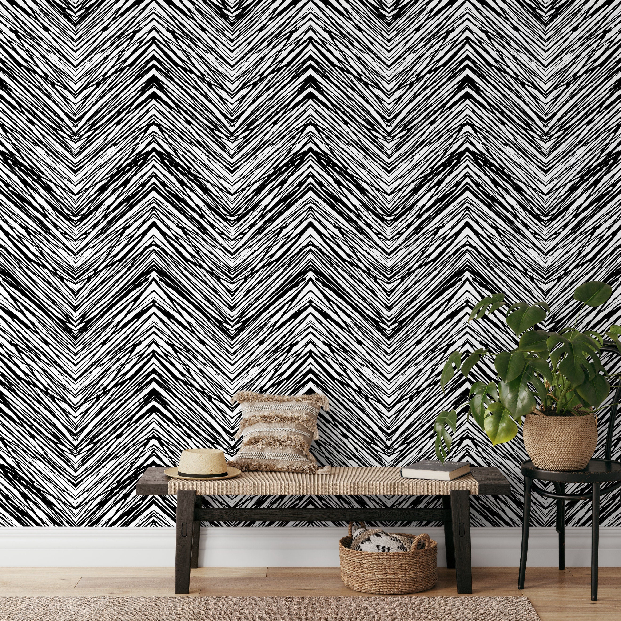 Geometric Wallpaper With A Sketched Chevron Motif In Black And White - D935