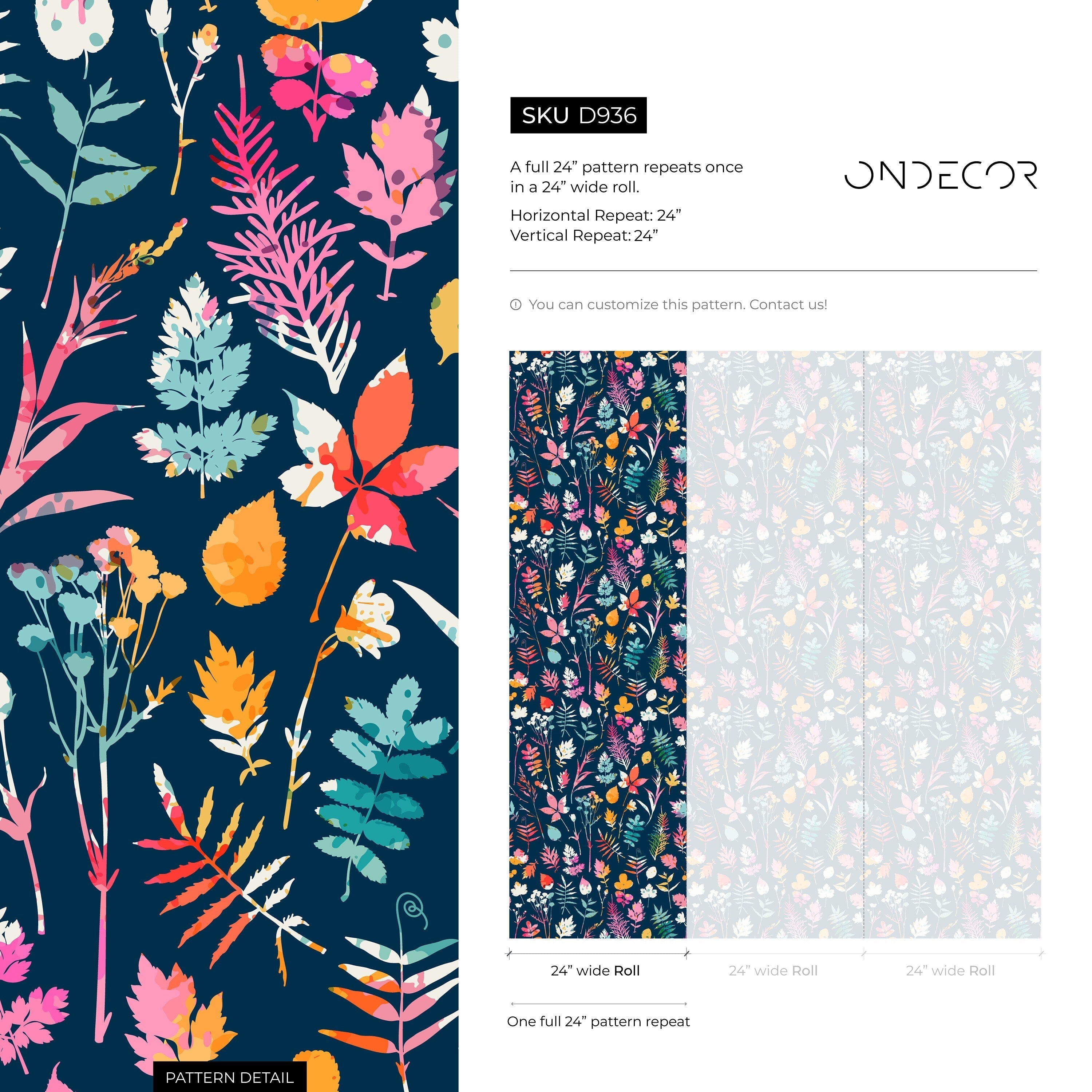 Botanical Wallpaper Featuring Colorful Foliage In Pink, Orange, And Blue - D936