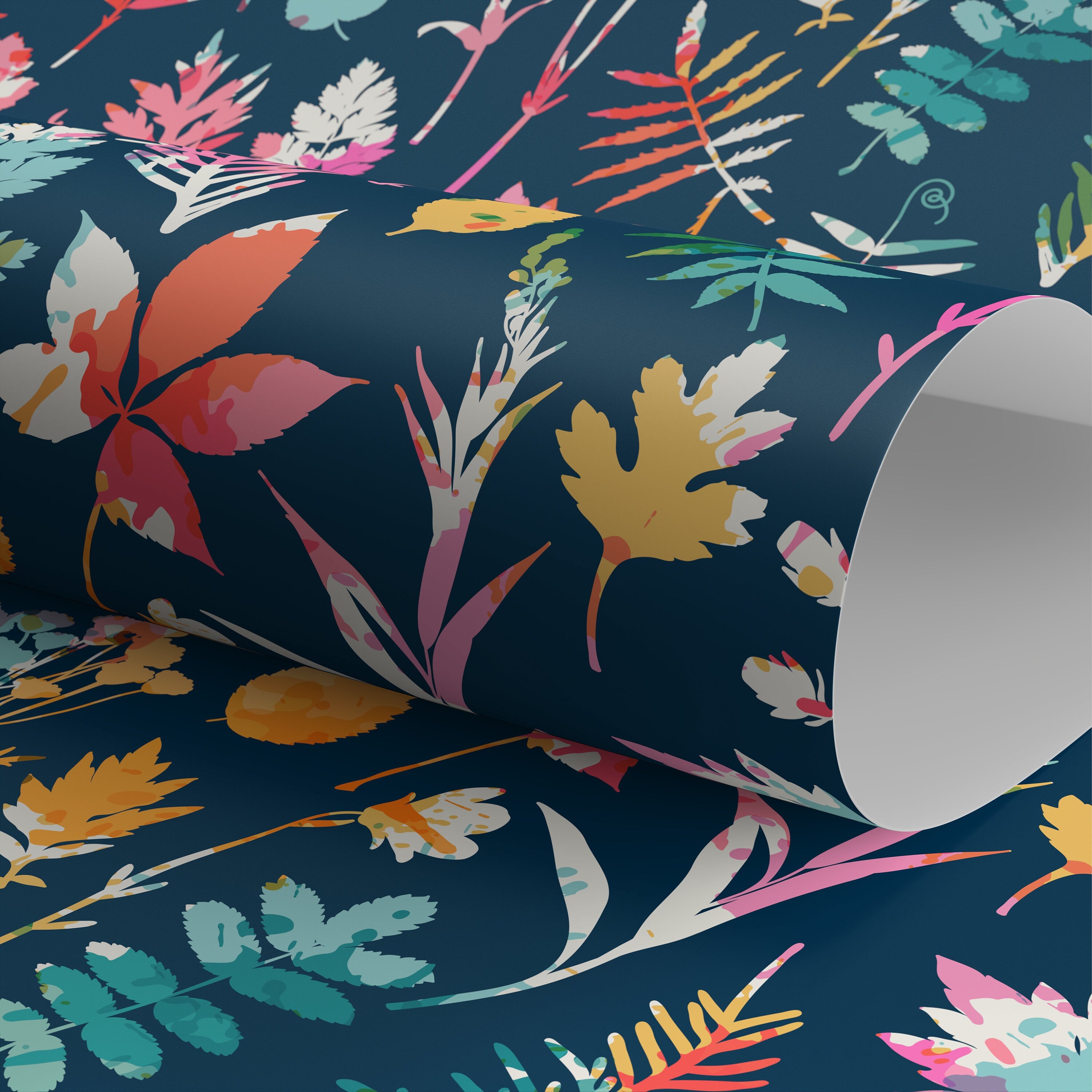 Botanical Wallpaper Featuring Colorful Foliage In Pink, Orange, And Blue - D936