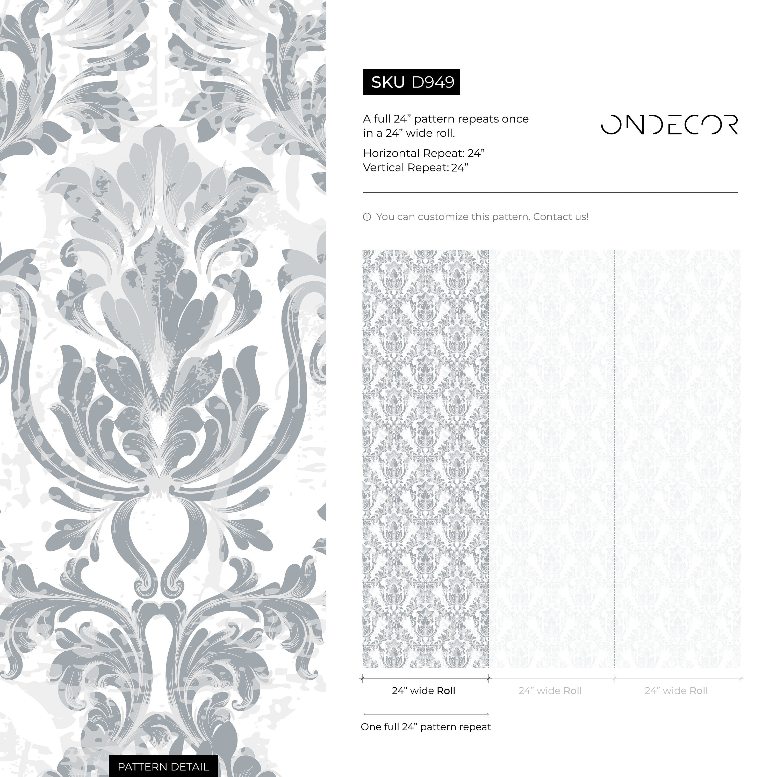 Damask Wallpaper With A Vintage Scroll Motif In Grey And White - D949