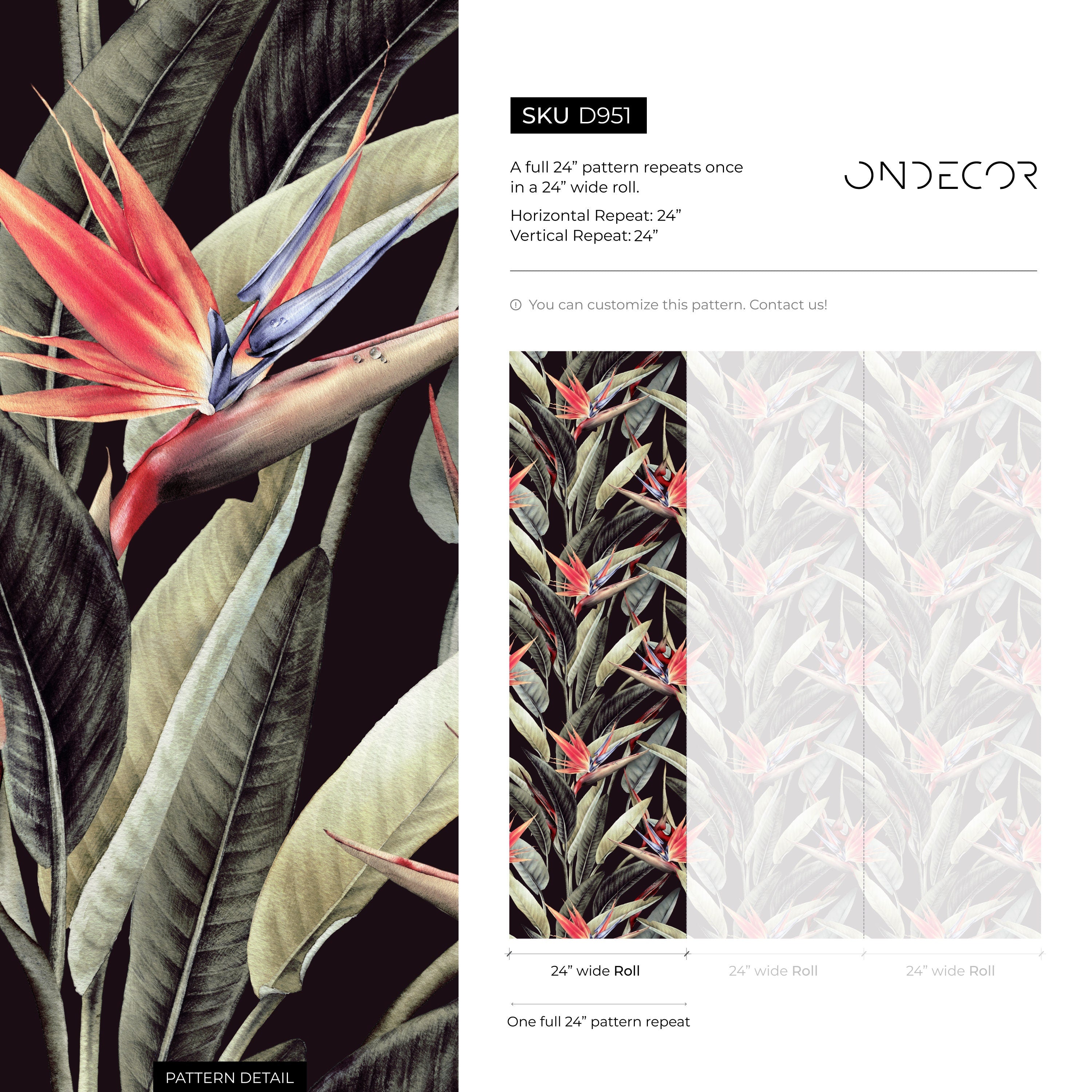 Tropical Wallpaper With A Bird Of Paradise Motif In Black, Green, And Red - D951