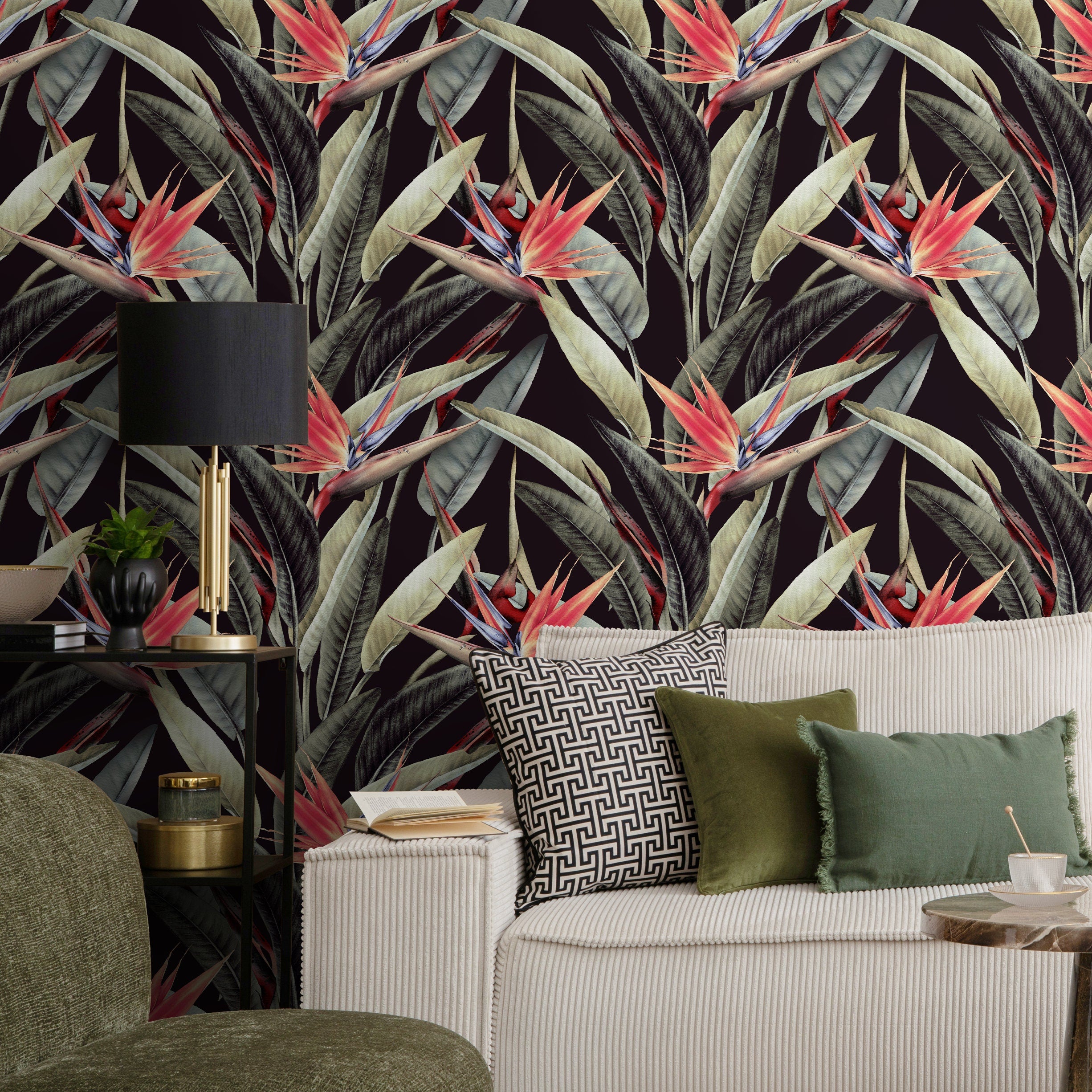Tropical Wallpaper With A Bird Of Paradise Motif In Black, Green, And Red - D951