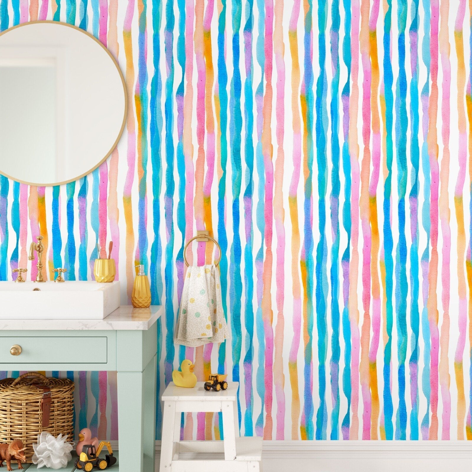 Watercolor Wallpaper With Colorful Vertical Stripes In Blue, Pink, And Orange - D954