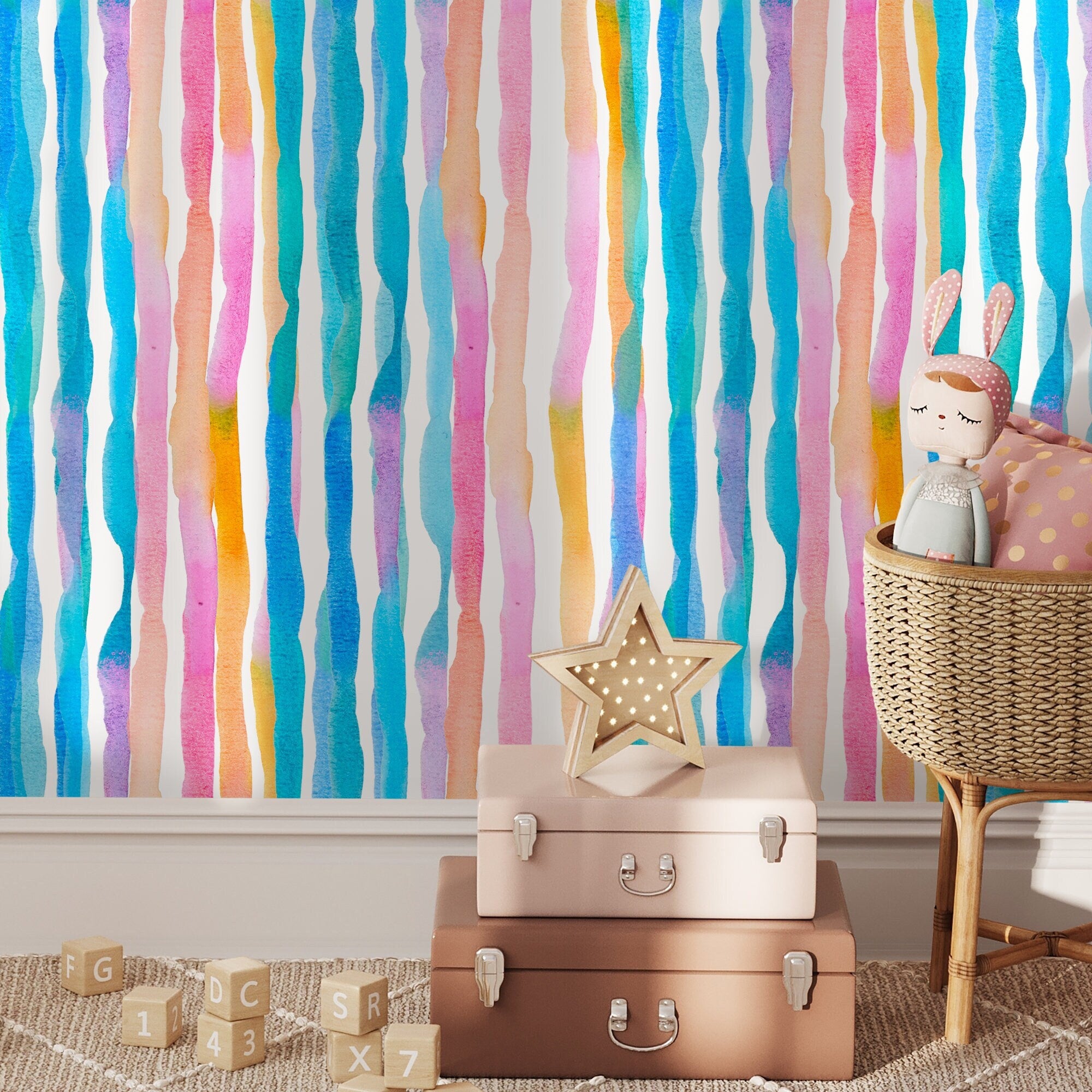 Watercolor Wallpaper With Colorful Vertical Stripes In Blue, Pink, And Orange - D954